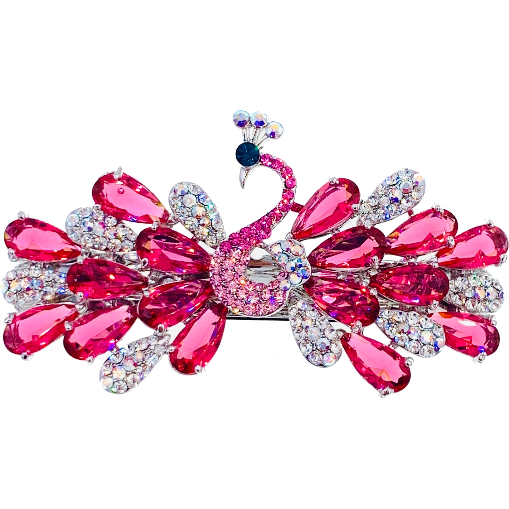 Faustine Peacock Barrette Cubic Zirconia CZ Crystal silver base clear purple pink navy blue, Barrette - MOGHANT