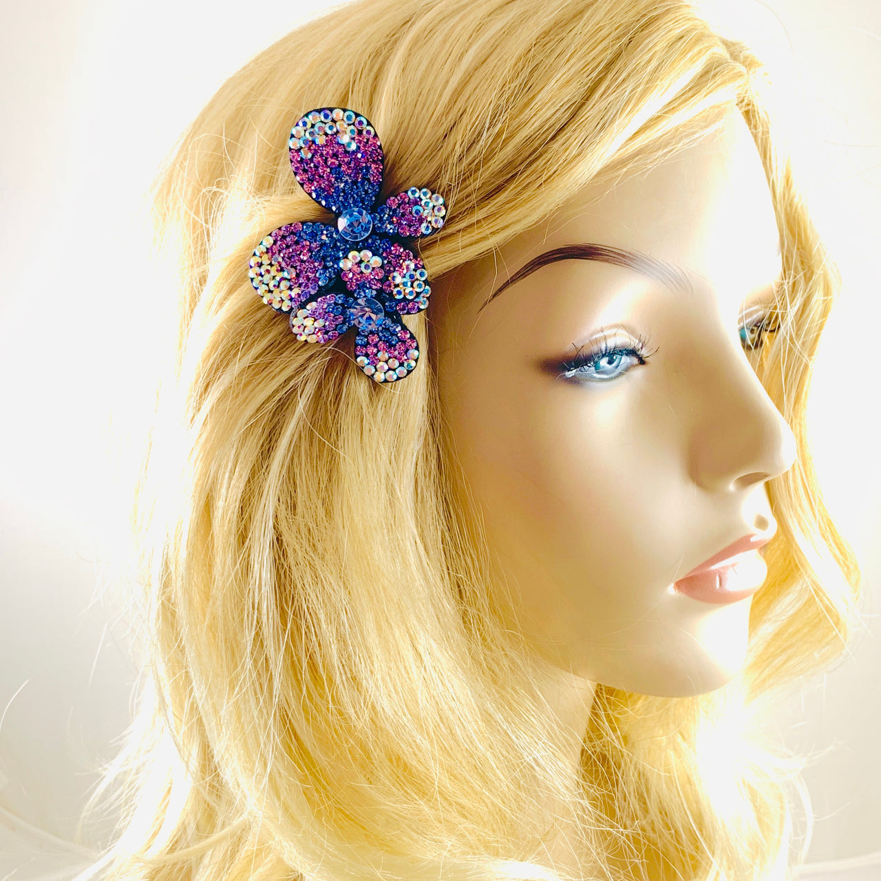 Laurel Twin Butterfly Hair Clip Hairpin use Swarovski Crystal fabric base Blue Purple Pink Magenta, Hair Clip - MOGHANT