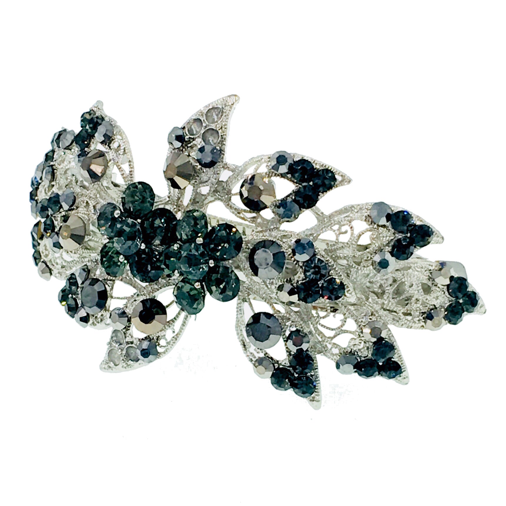 Phoenix Flower Barrette use Swarovski Crystal Vintage Victorian silver base Black, Barrette - MOGHANT