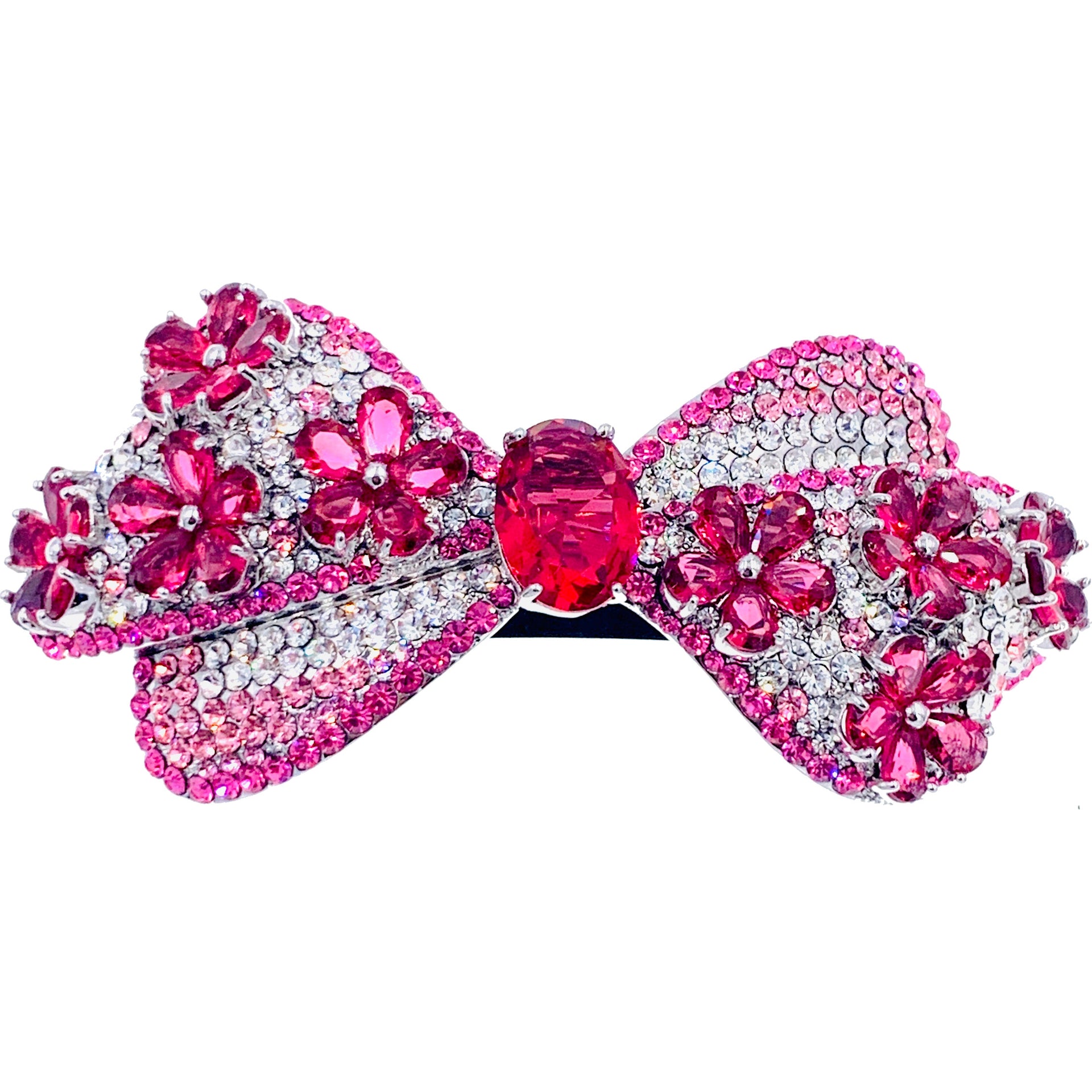 Genoveva Flower Bow Barrette Cubic Zirconia CZ use Swarovski Crystal Brown Silver Navy Hot Pink Silver, Barrette - MOGHANT