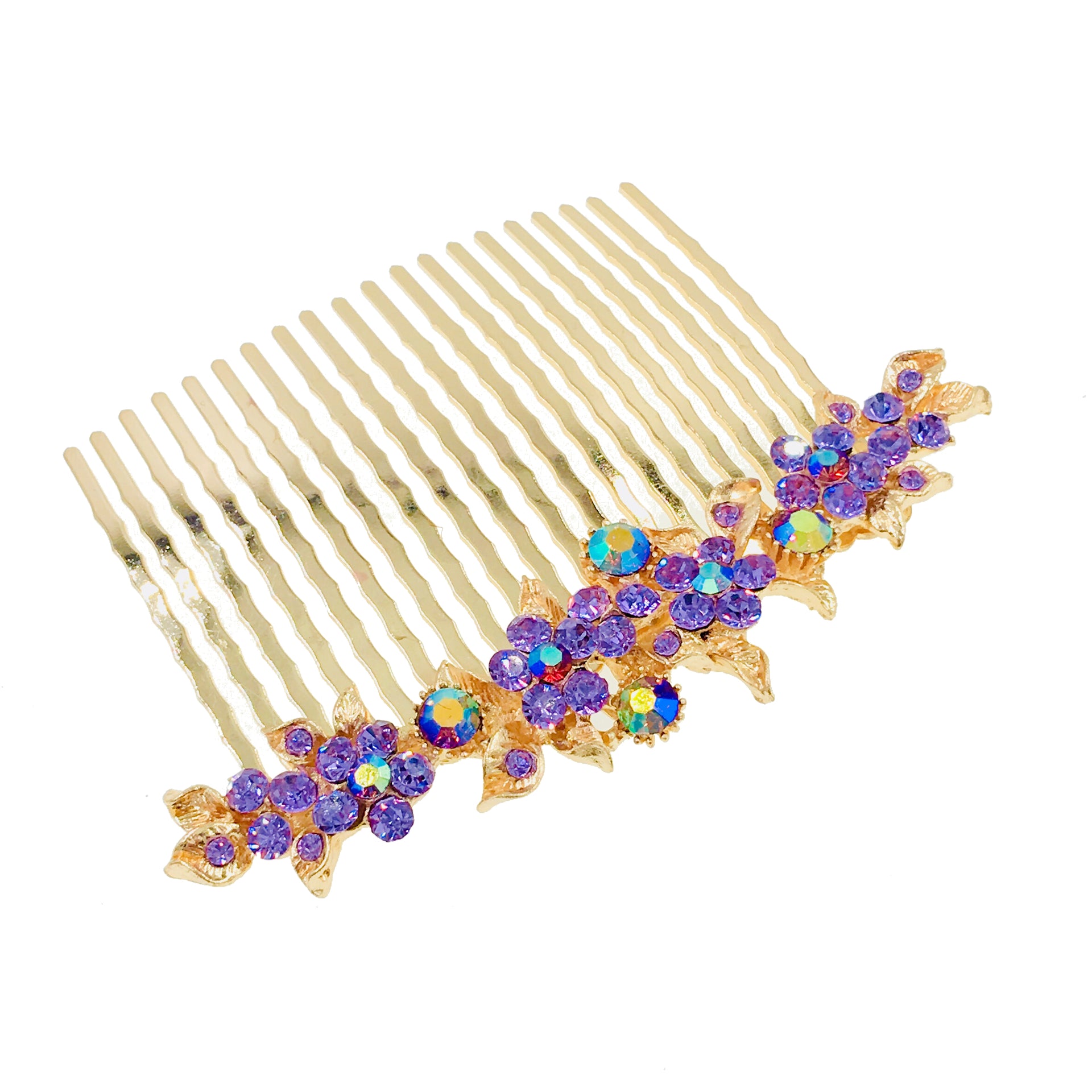 Gypsophila Flower Cluster Hair Comb Swarovski Crystal Vintage Simple gold base Purple, Hair Comb - MOGHANT