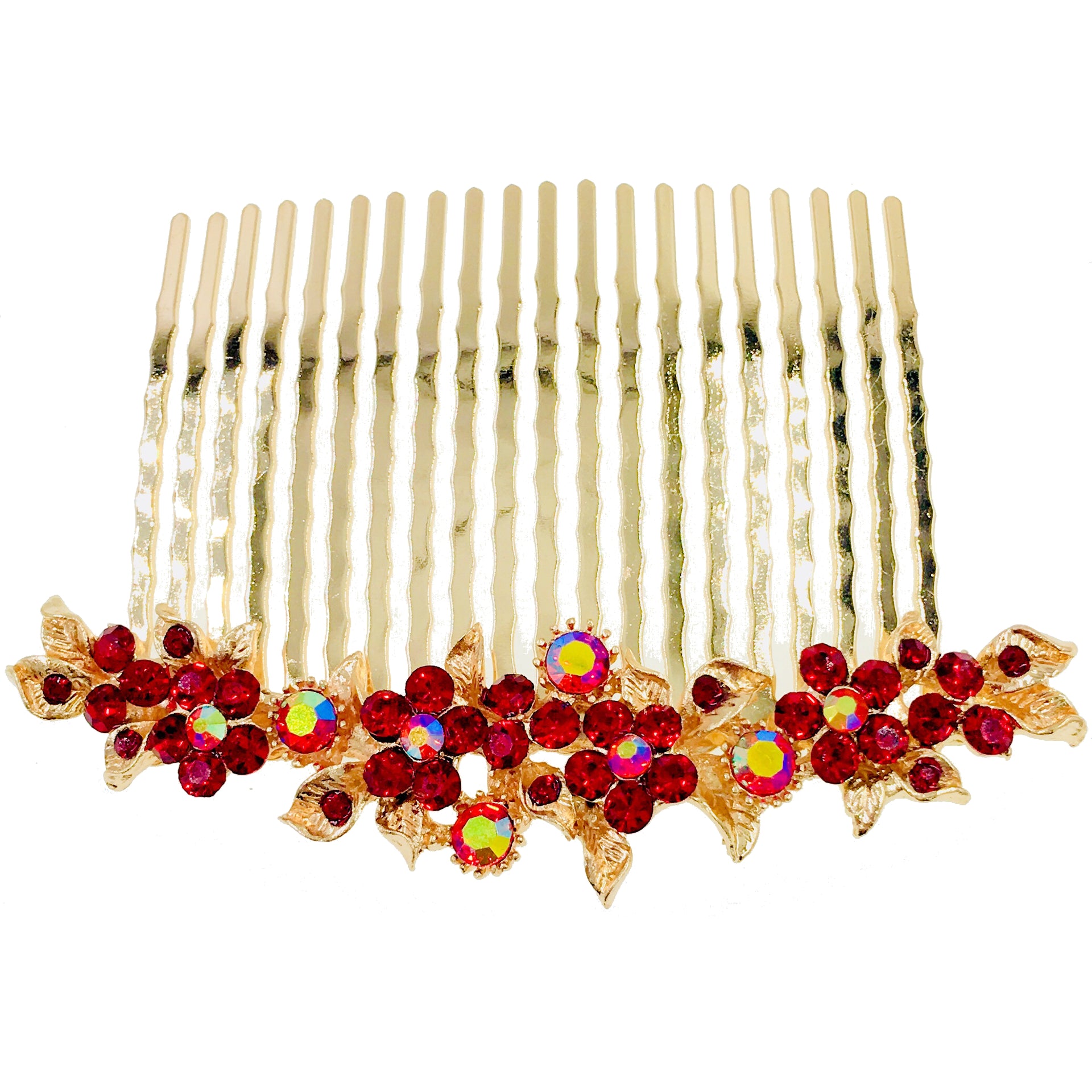 Gypsophila Flower Cluster Hair Comb Swarovski Crystal Vintage Simple gold base Red, Hair Comb - MOGHANT