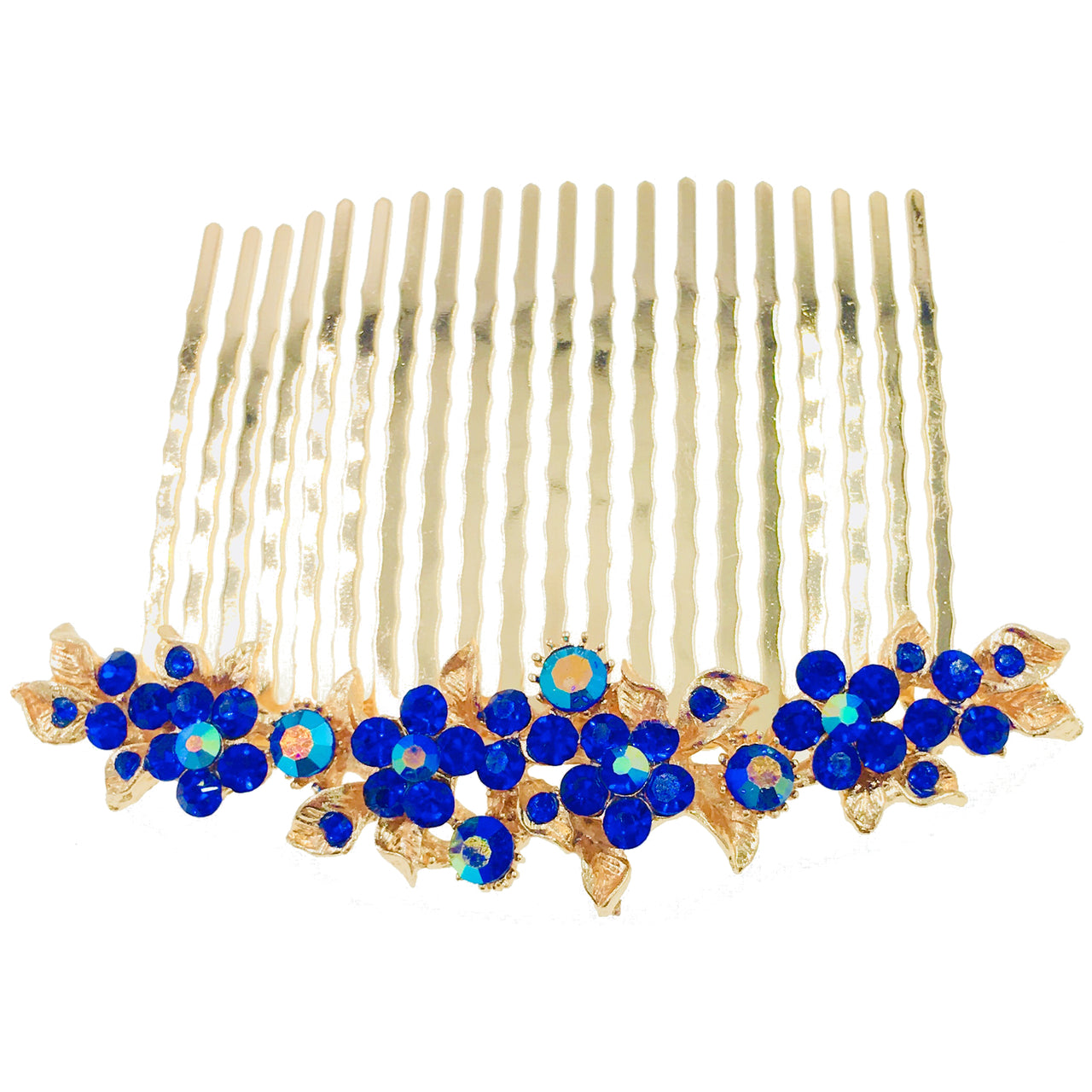Gypsophila Flower Cluster Hair Comb Swarovski Crystal Vintage Simple gold base Royal Blue, Hair Comb - MOGHANT