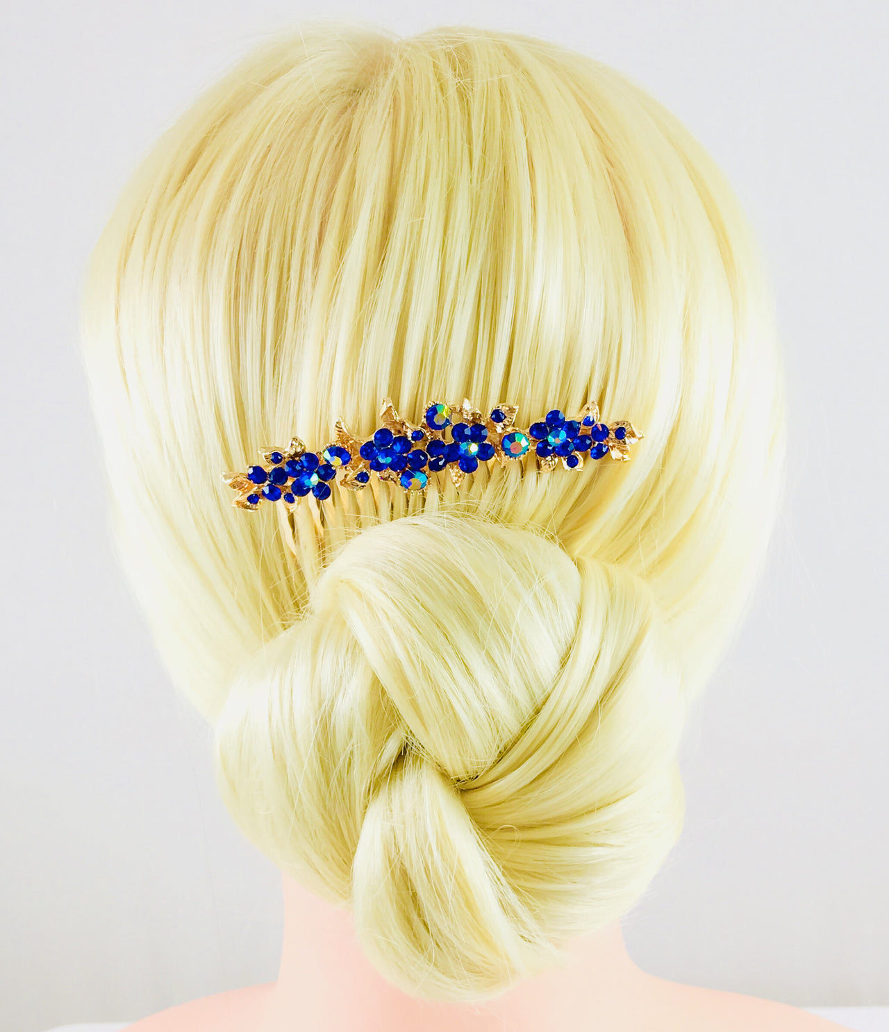 Gypsophila Flower Cluster Hair Comb Swarovski Crystal Vintage Simple gold base Royal Blue, Hair Comb - MOGHANT