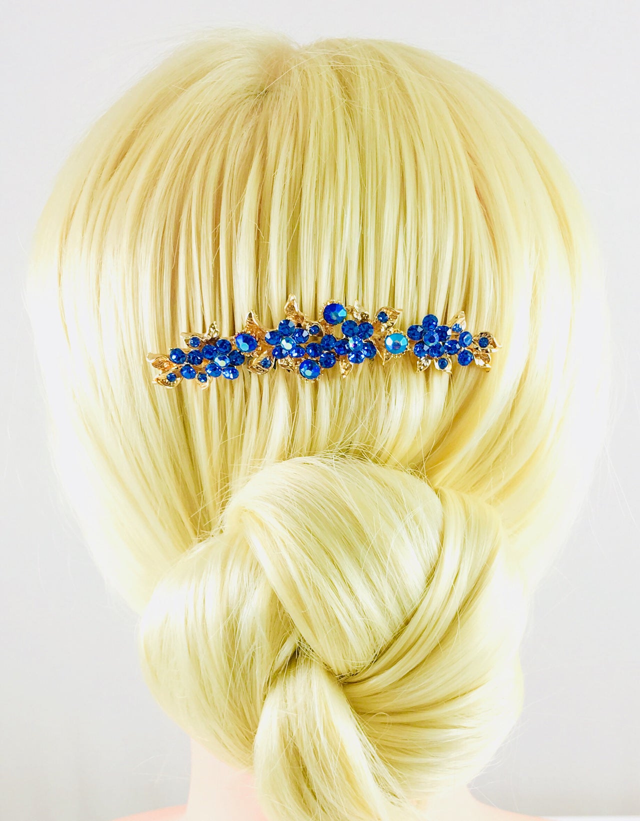 Gypsophila Flower Cluster Hair Comb Swarovski Crystal Vintage Simple gold base Cerulean Blue, Hair Comb - MOGHANT
