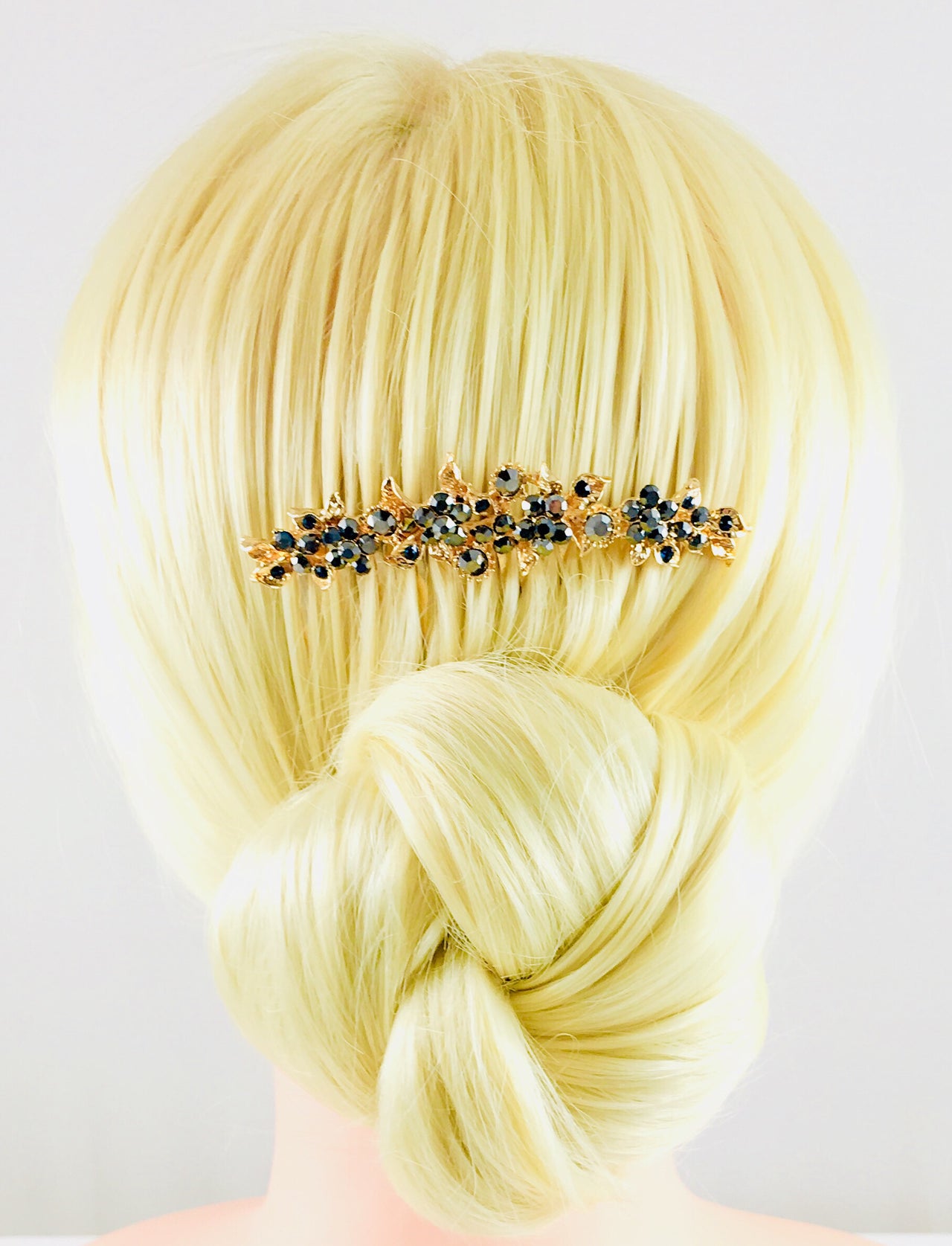 Gypsophila Flower Cluster Hair Comb Swarovski Crystal Vintage Simple gold base Dark Gray, Hair Comb - MOGHANT