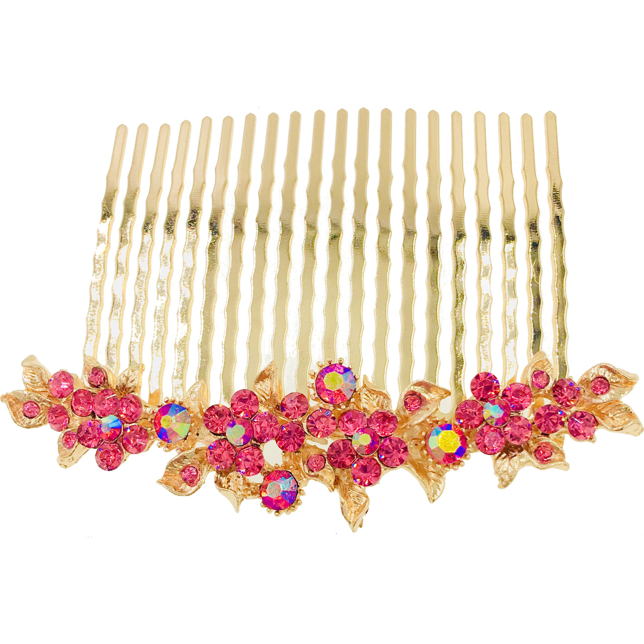 Gypsophila Flower Cluster Hair Comb Swarovski Crystal Vintage Simple gold base Pink, Hair Comb - MOGHANT