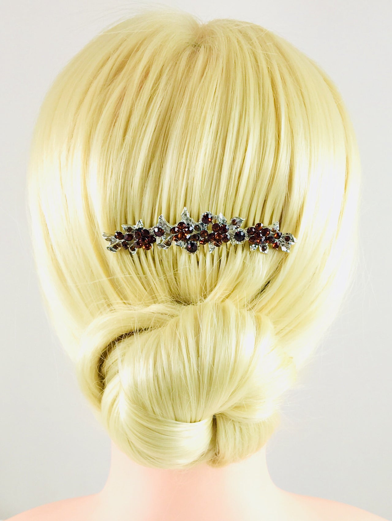 Gypsophila Flower Cluster Hair Comb Swarovski Crystal Vintage Simple silver base Dark Brown, Hair Comb - MOGHANT