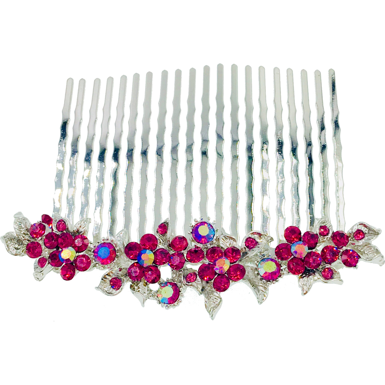 Gypsophila Flower Cluster Hair Comb Swarovski Crystal Vintage Simple silver base Rose Hot Pink, Hair Comb - MOGHANT