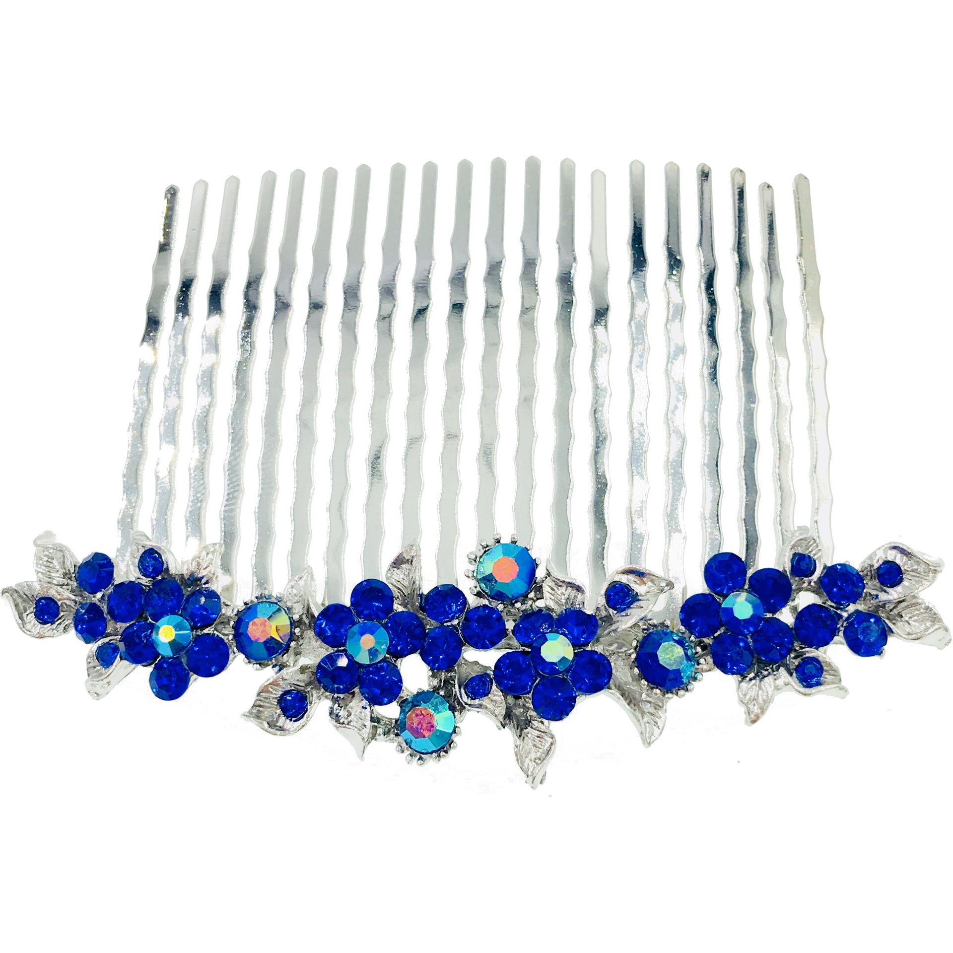 Gypsophila Flower Cluster Hair Comb Swarovski Crystal Vintage Simple silver base Royal Blue, Hair Comb - MOGHANT