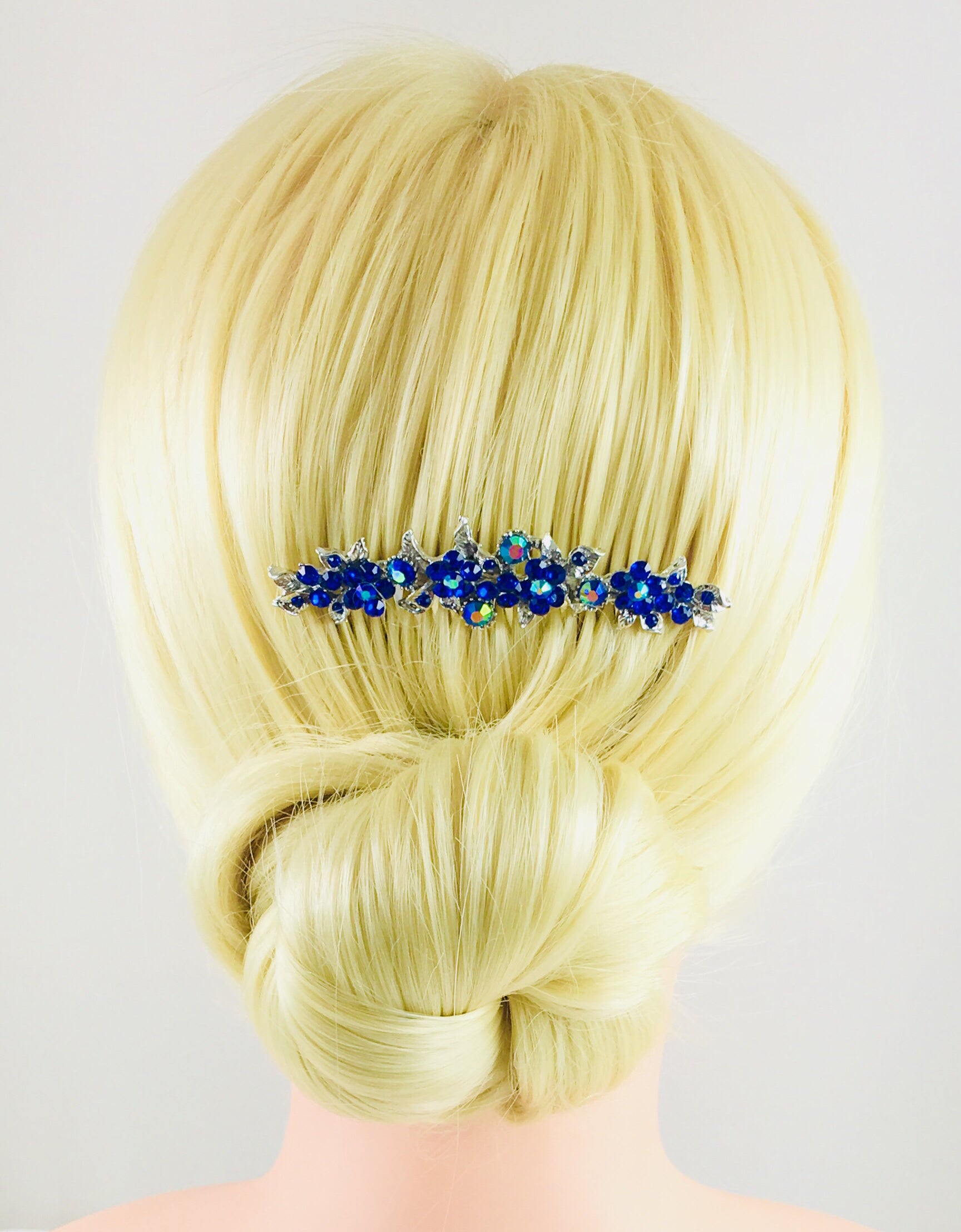 Gypsophila Flower Cluster Hair Comb Swarovski Crystal Vintage Simple silver base Royal Blue, Hair Comb - MOGHANT