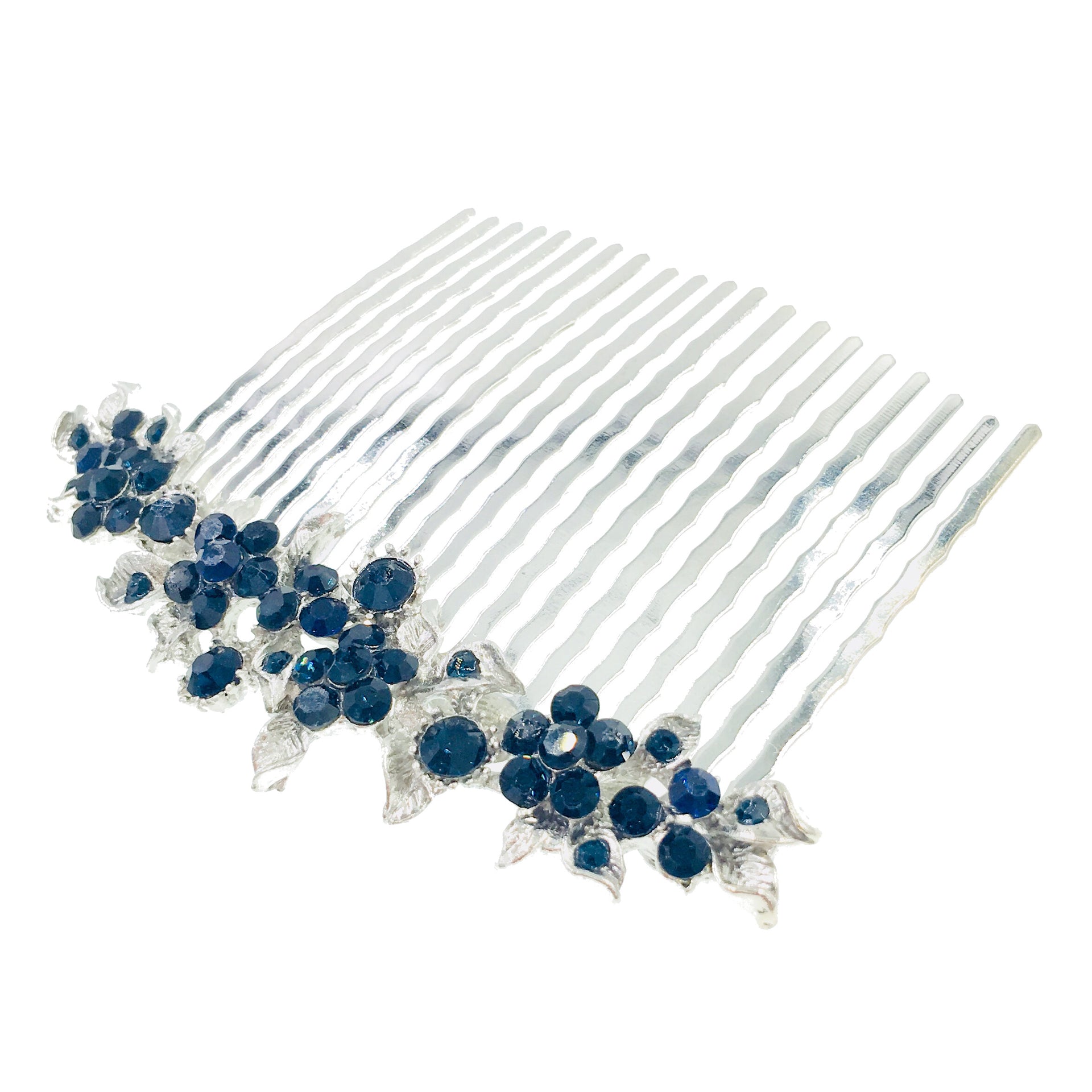 Gypsophila Flower Cluster Hair Comb Swarovski Crystal Vintage Simple silver base Navy Blue, Hair Comb - MOGHANT