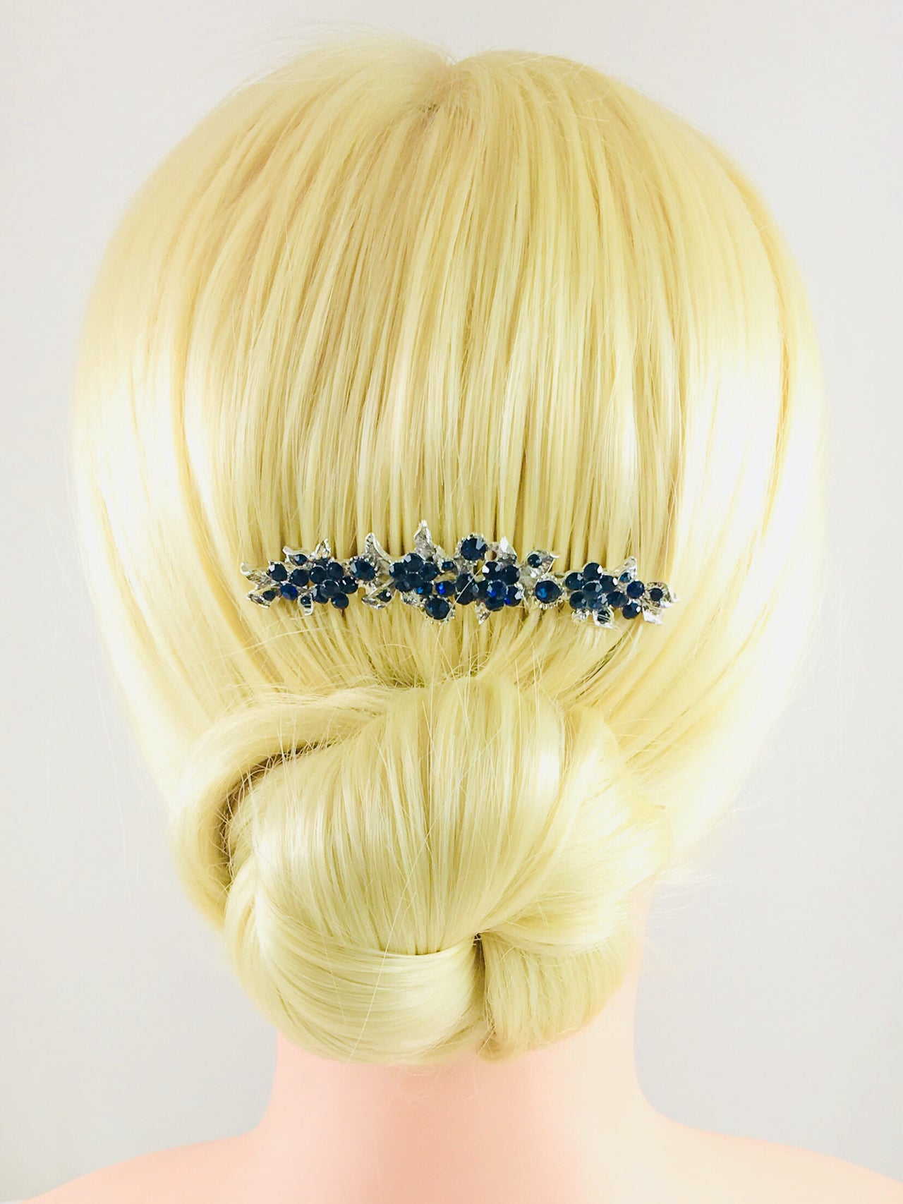 Gypsophila Flower Cluster Hair Comb Swarovski Crystal Vintage Simple silver base Navy Blue, Hair Comb - MOGHANT