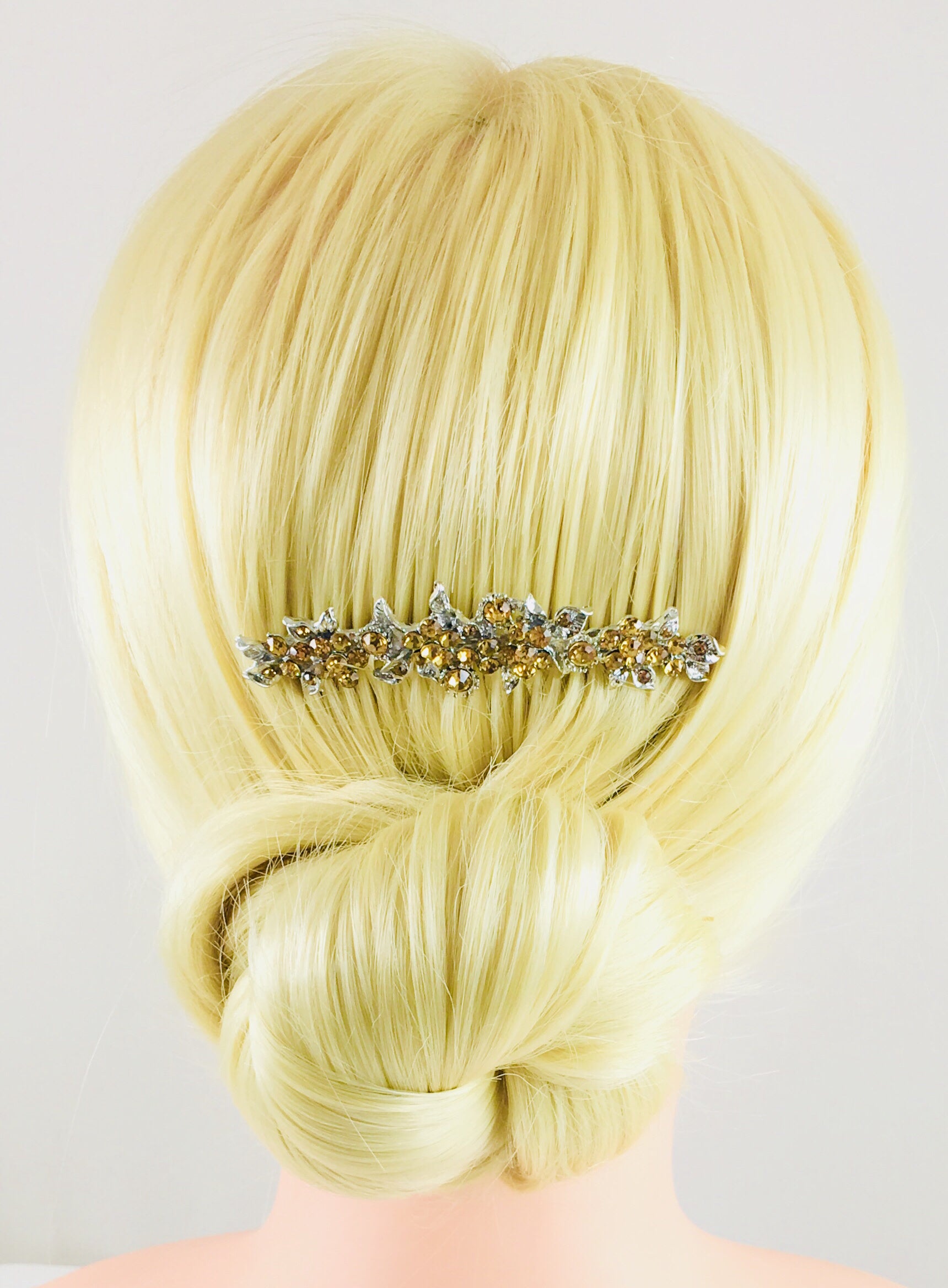 Gypsophila Flower Cluster Hair Comb Swarovski Crystal Vintage Simple silver base Amber Light Brown, Hair Comb - MOGHANT
