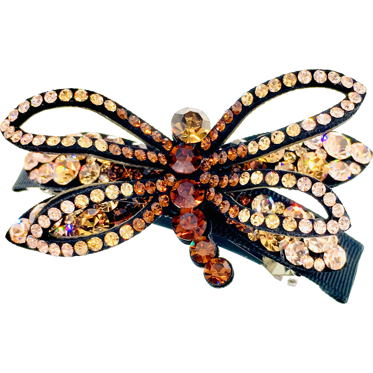 Dragonfly Barrette Handmade use Swarovski Crystal black Fabric base Amber Brown, Barrette - MOGHANT