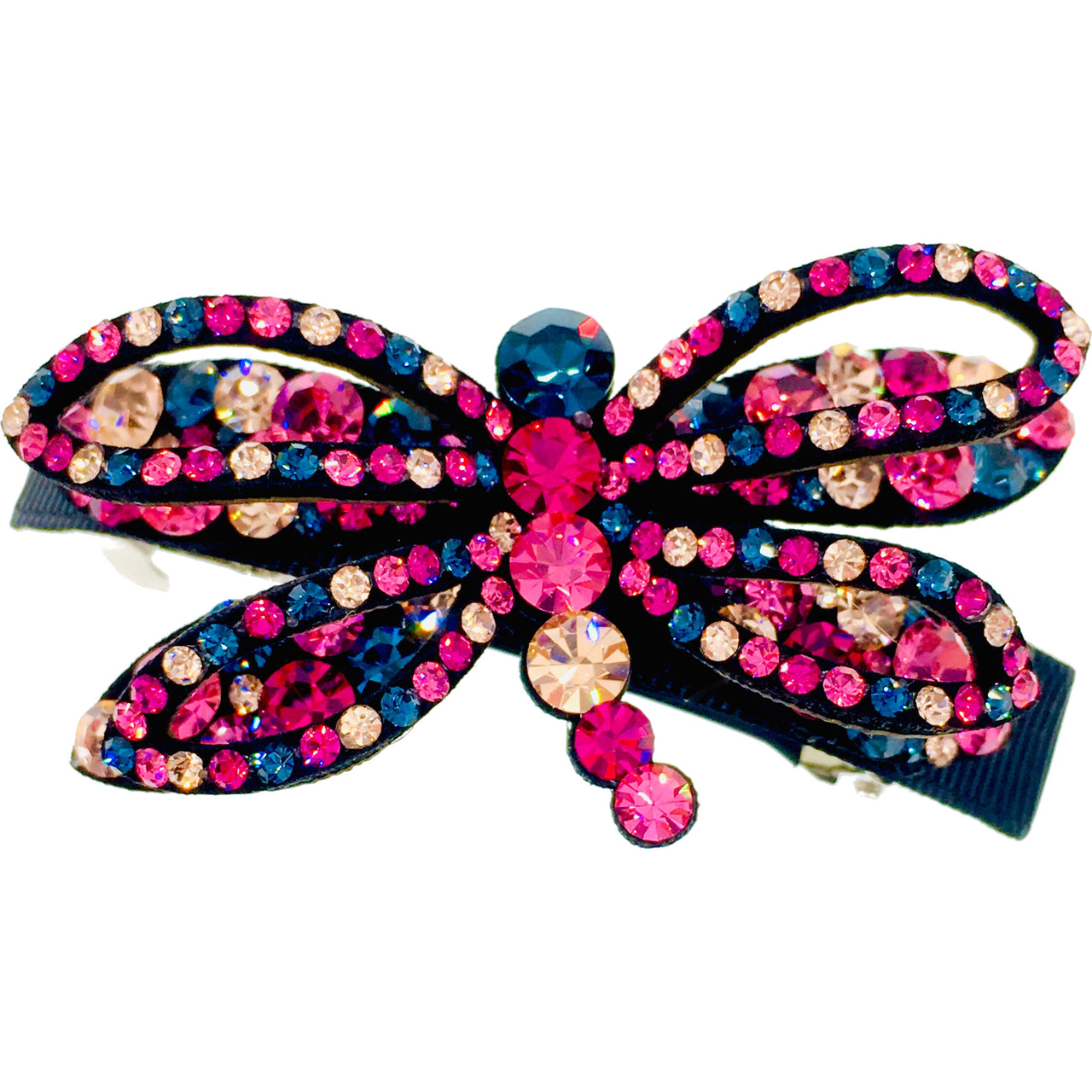 Dragonfly Barrette Handmade use Swarovski Crystal black Fabric base Multi-color Pink Magenta Navy Blue, Barrette - MOGHANT