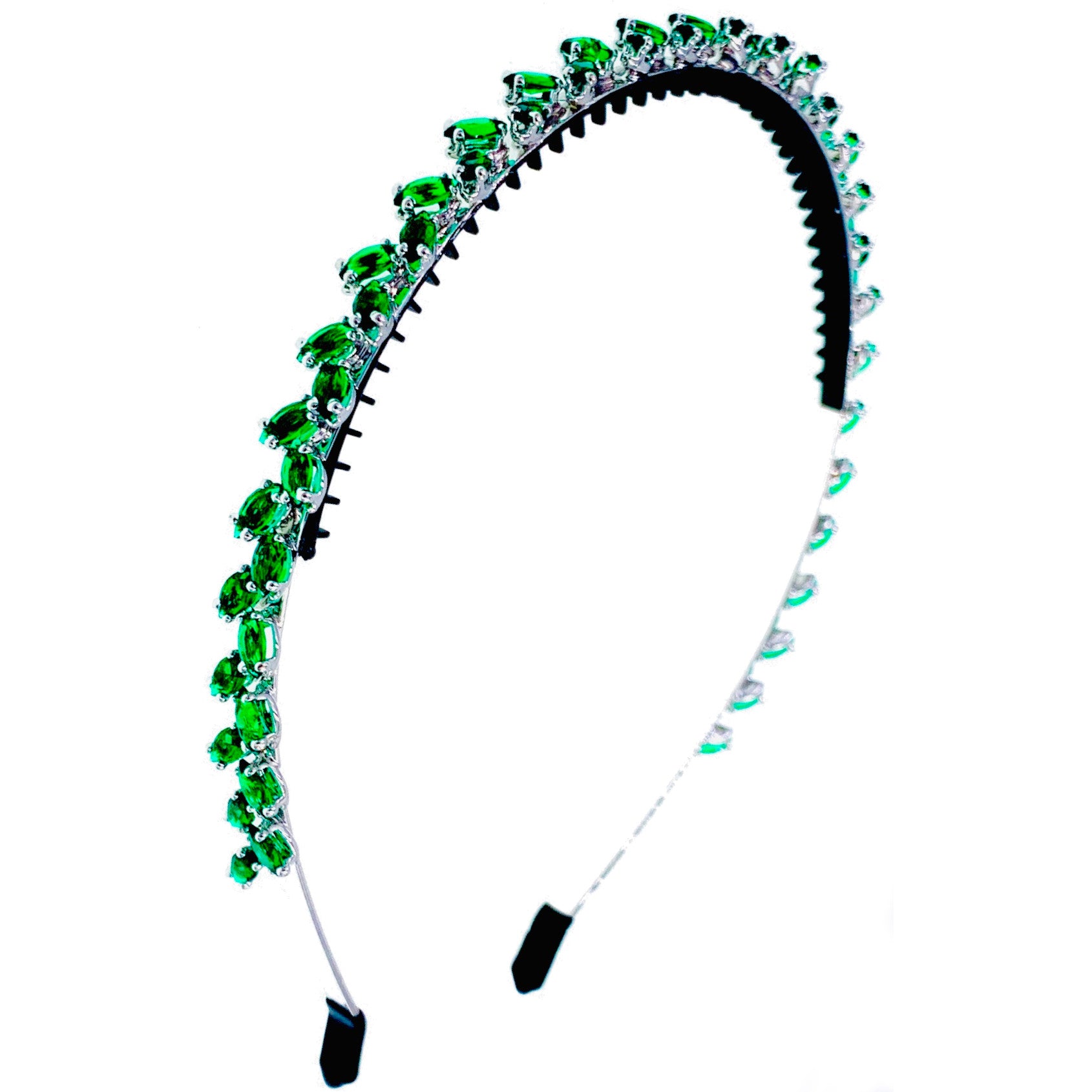 Cipriana Glam Leaf Headband Hairband use Cubic Zirconia CZ Crystal Gemstone Emerald Green Sapphire Blue Navy Hot Pink Champagne Rose Gold Silver, Headband - MOGHANT