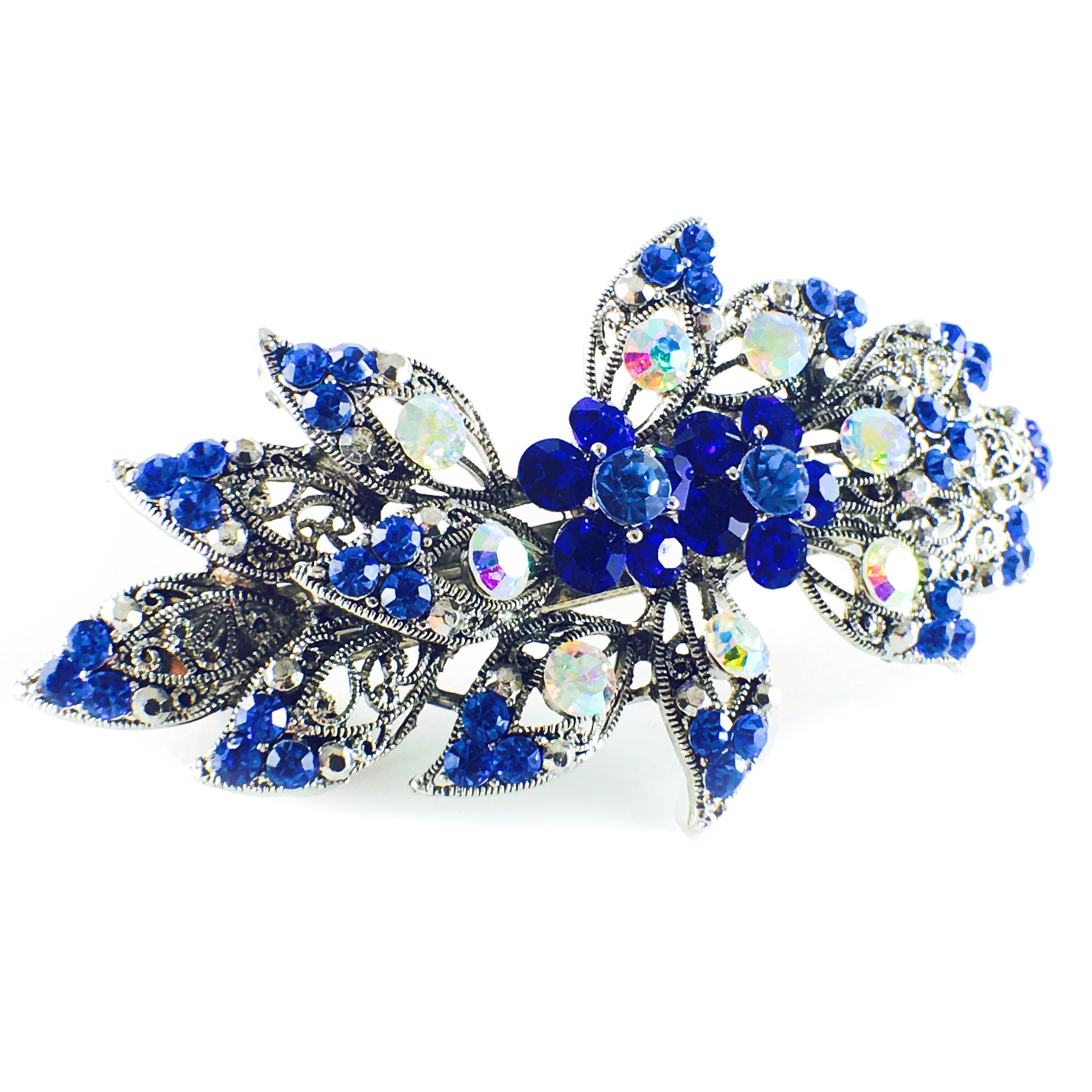 Barrette Rhinestone Crystal Vintage Victorian Flower Petal Lapis Blue AB Silver Base, Barrette - MOGHANT