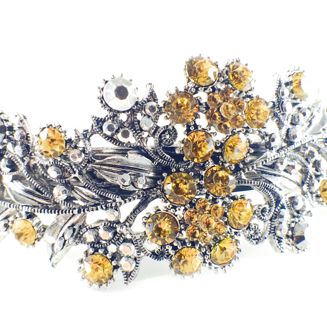 Barrette Rhinestone Crystal Vintage Victorian Flower Leaf Amber Yellow Silver Base, Barrette - MOGHANT