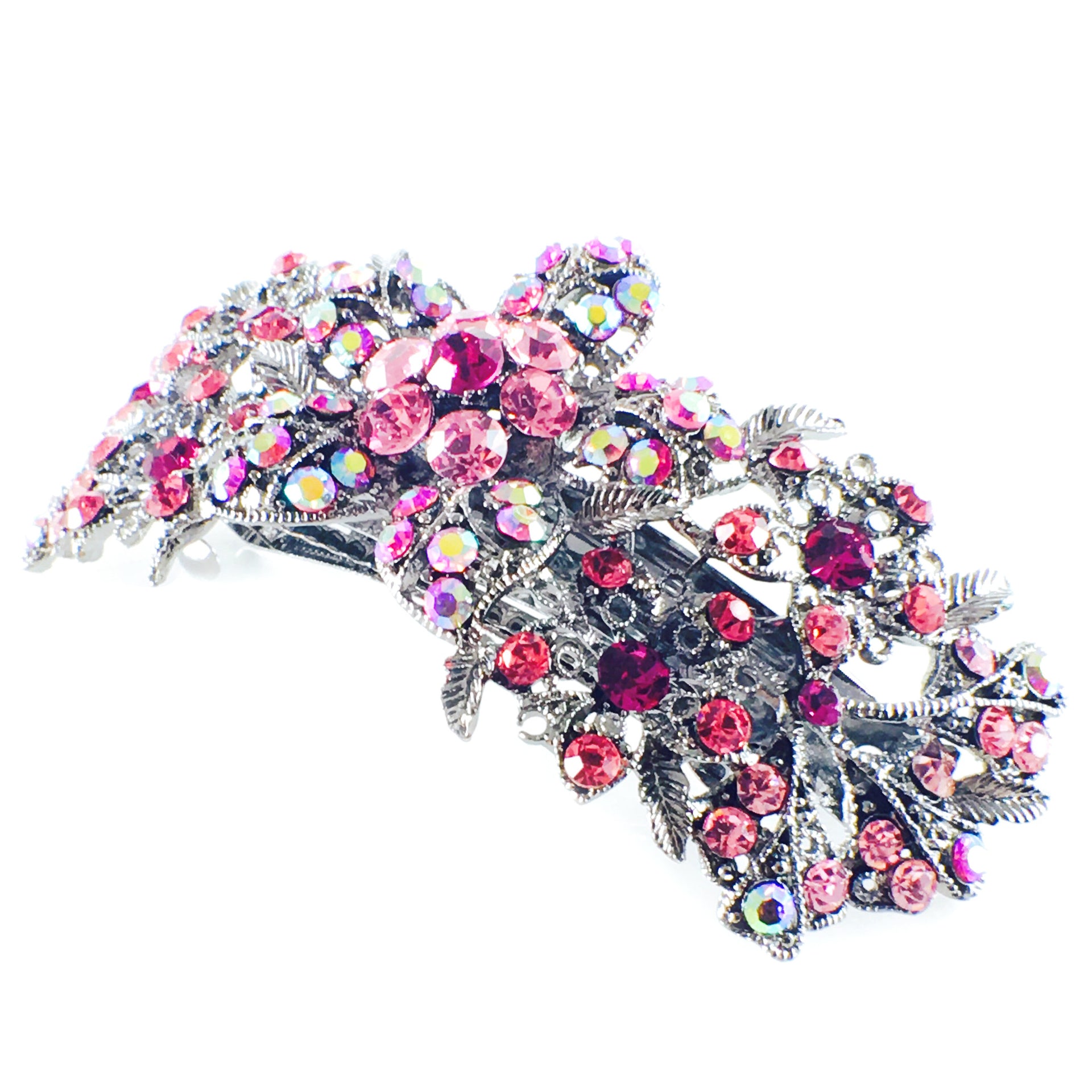 Barrette Rhinestone Crystal Vintage Victorian Flower Leaf Pink AB Silver Base, Barrette - MOGHANT