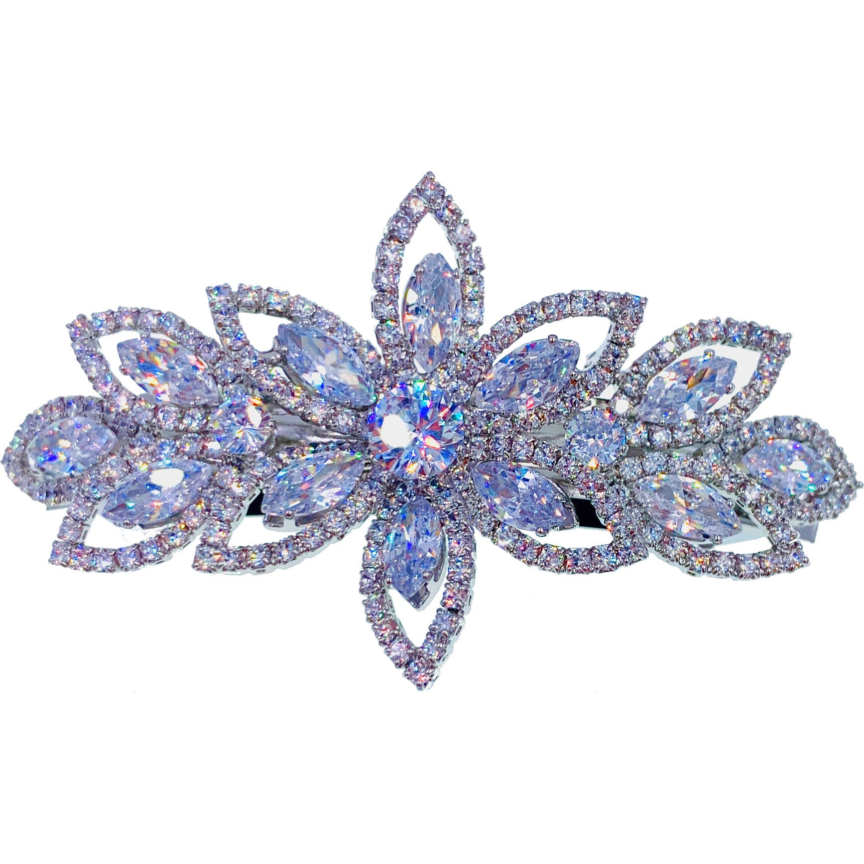 Alphonsine Glam Flower Barrette use Swarovski and Cubic Zirconia Crystal Silver Clear Wedding Bridal Prom Gift, Barrette - MOGHANT