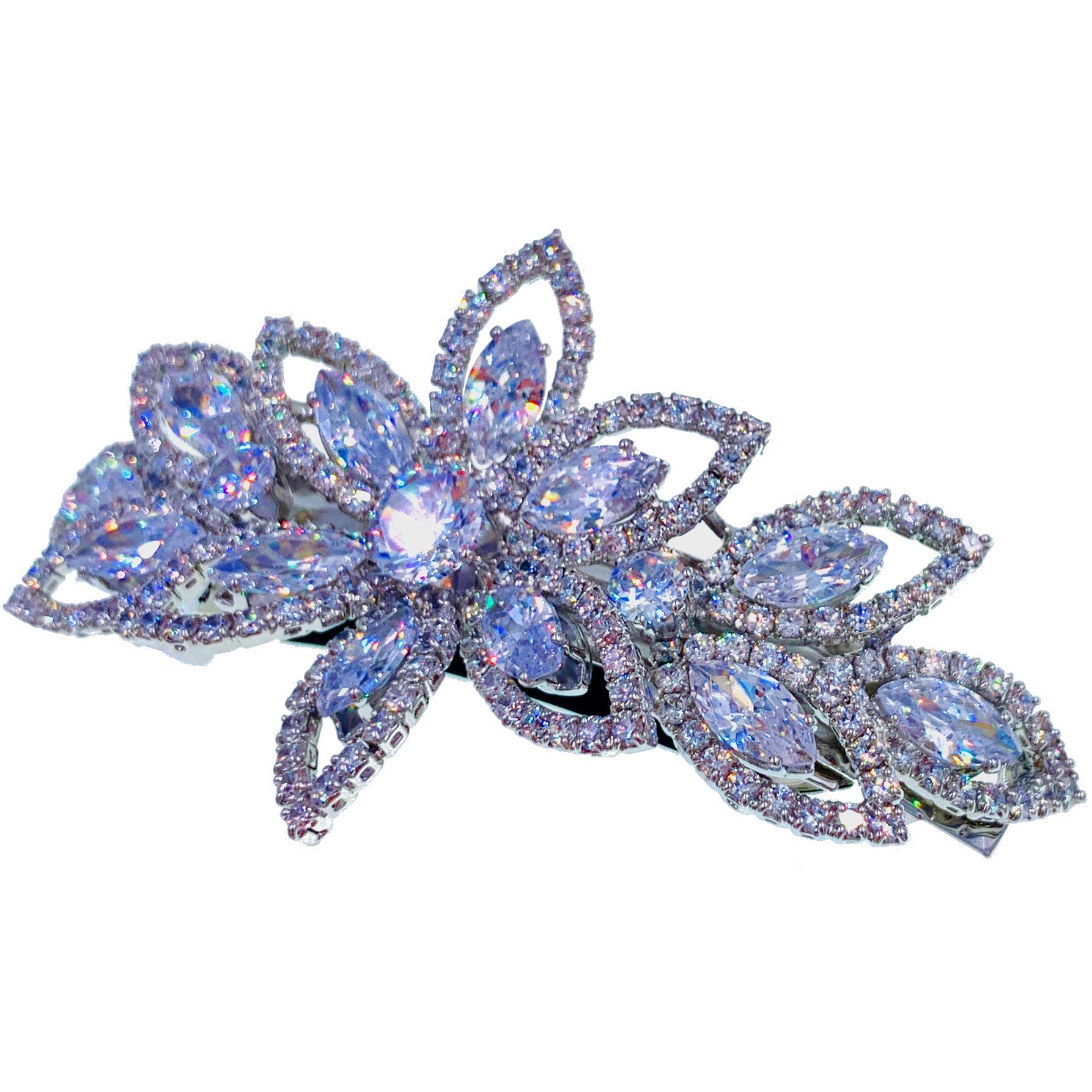 Alphonsine Glam Flower Barrette use Swarovski and Cubic Zirconia Crystal Silver Clear Wedding Bridal Prom Gift, Barrette - MOGHANT