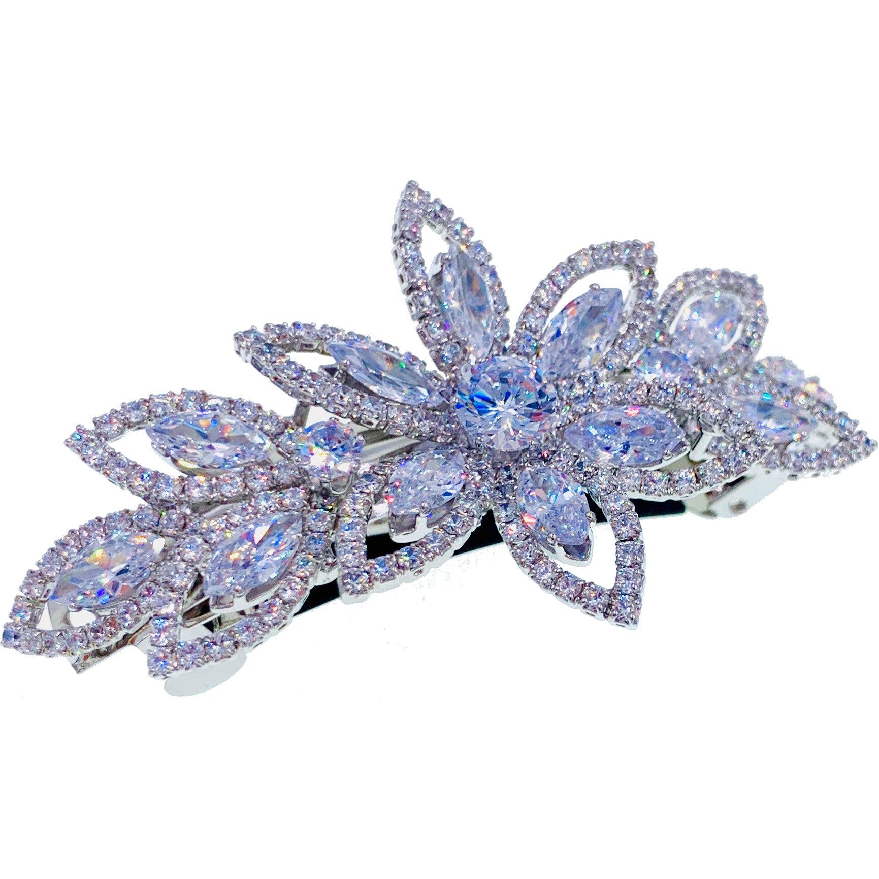 Alphonsine Glam Flower Barrette use Swarovski and Cubic Zirconia Crystal Silver Clear Wedding Bridal Prom Gift, Barrette - MOGHANT