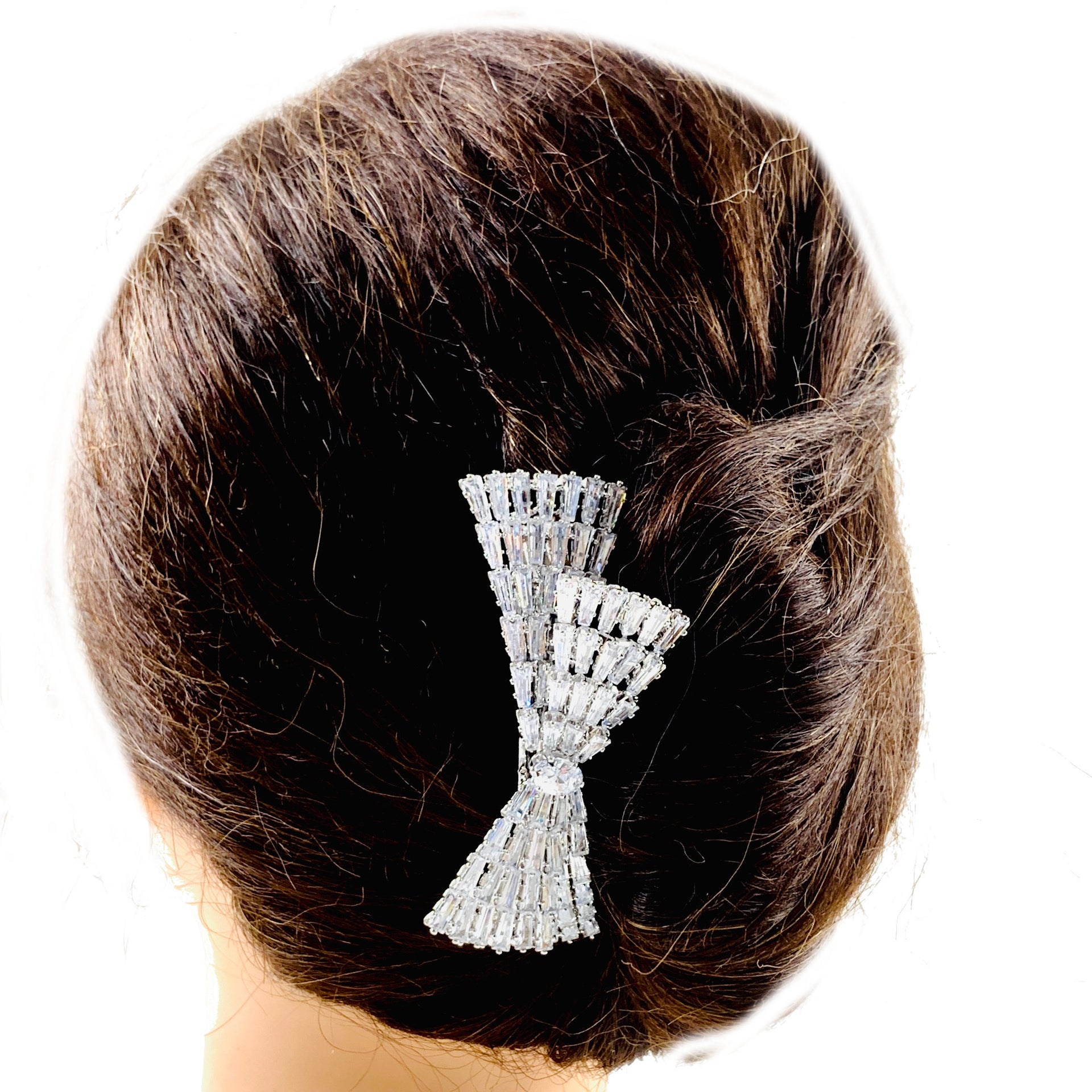 Nicole Large Glam Bow Barrette use Swarovski and Cubic Zirconia Crystal Silver Clear Wedding Bridal Prom Party, Barrette - MOGHANT
