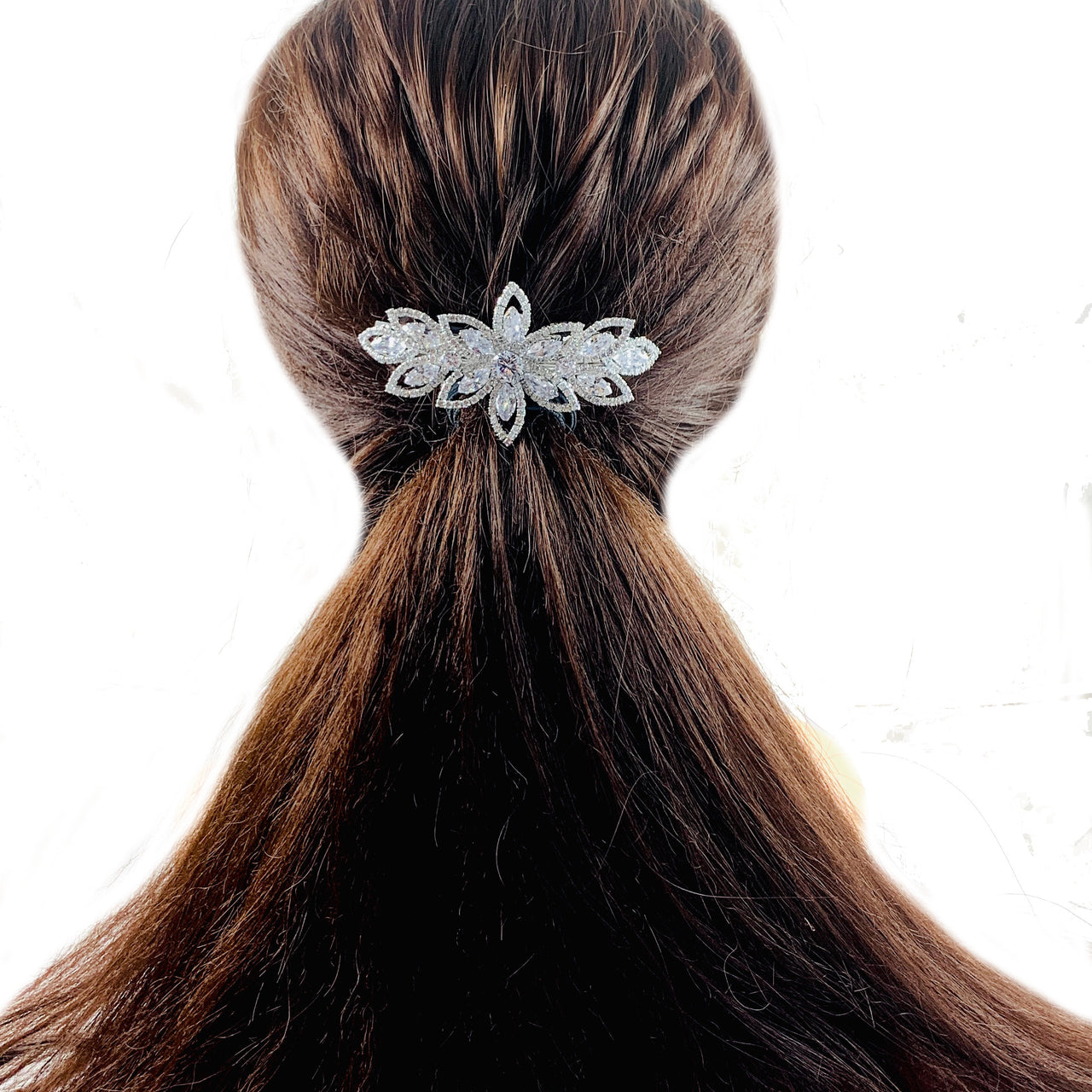 Alphonsine Glam Flower Barrette use Swarovski and Cubic Zirconia Crystal Silver Clear Wedding Bridal Prom Gift, Barrette - MOGHANT