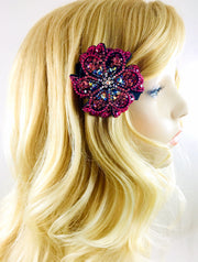 Carnation Flower Barrette Handmade use Swarovski Crystal Fabric base AB Rose Pink Magenta, Barrette - MOGHANT