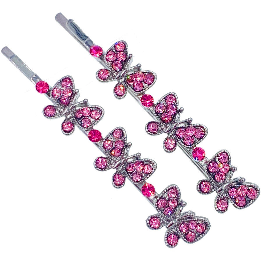 Trista Butterfly Bobby Pin Pair Austria Crystal Silver Blue Pink Purple Brown, Bobby Pin - MOGHANT