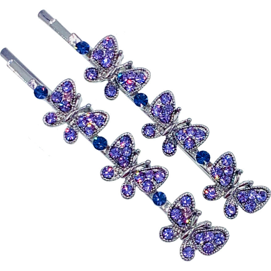 Trista Butterfly Bobby Pin Pair Austria Crystal Silver Blue Pink Purple Brown, Bobby Pin - MOGHANT