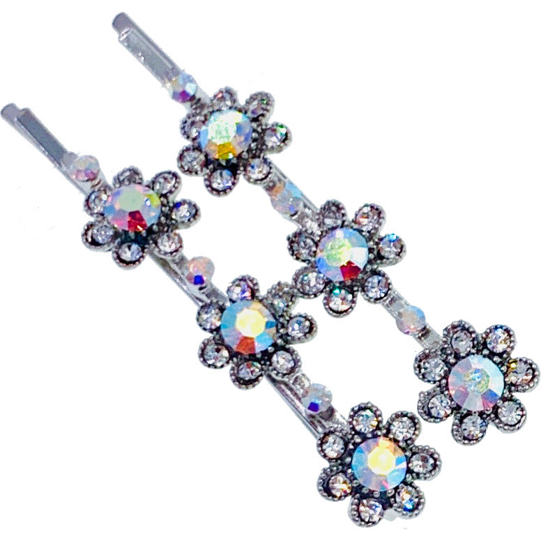 Miriam Flowers Bobby Pin Pair Austria Crystal Silver Blue Pink Purple Brown AB, Bobby Pin - MOGHANT