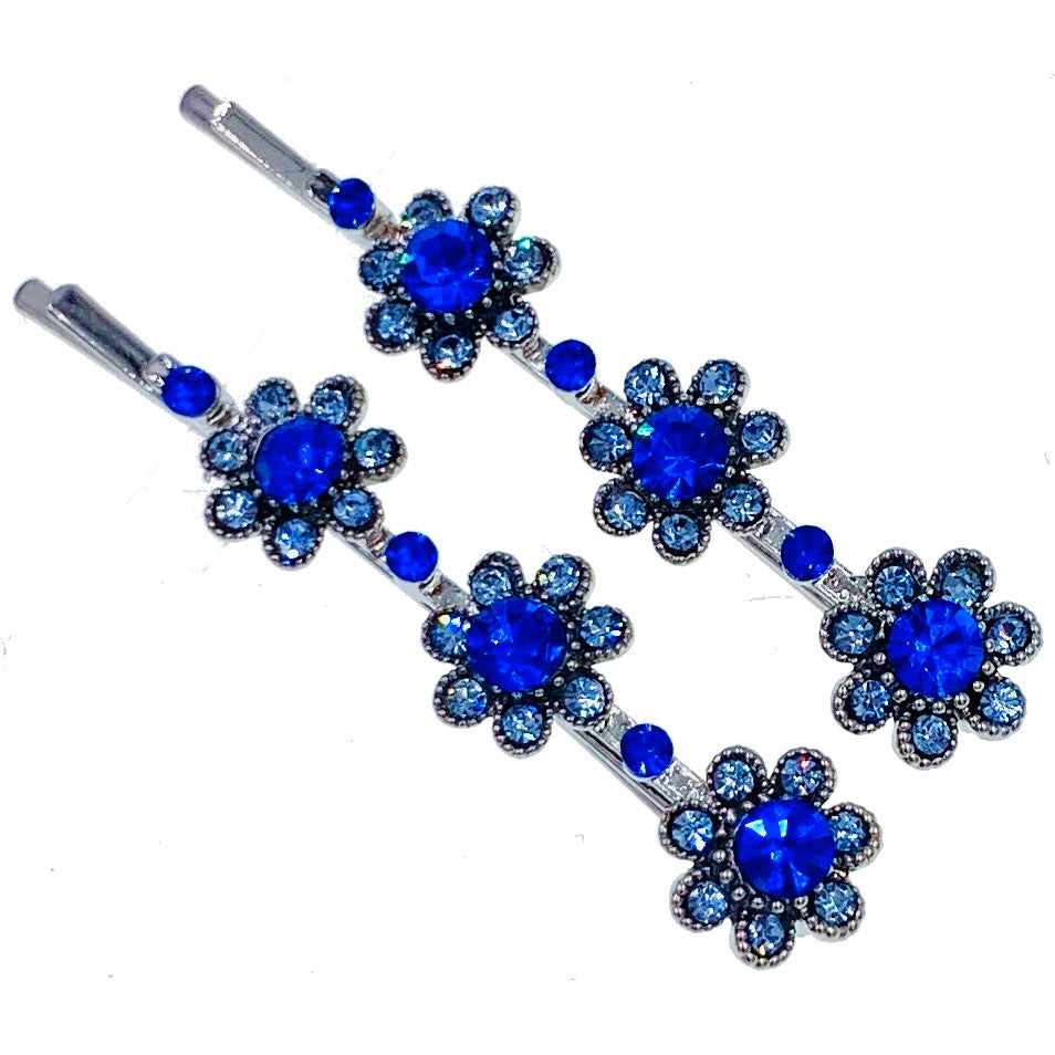 Miriam Flowers Bobby Pin Pair Austria Crystal Silver Blue Pink Purple Brown AB, Bobby Pin - MOGHANT