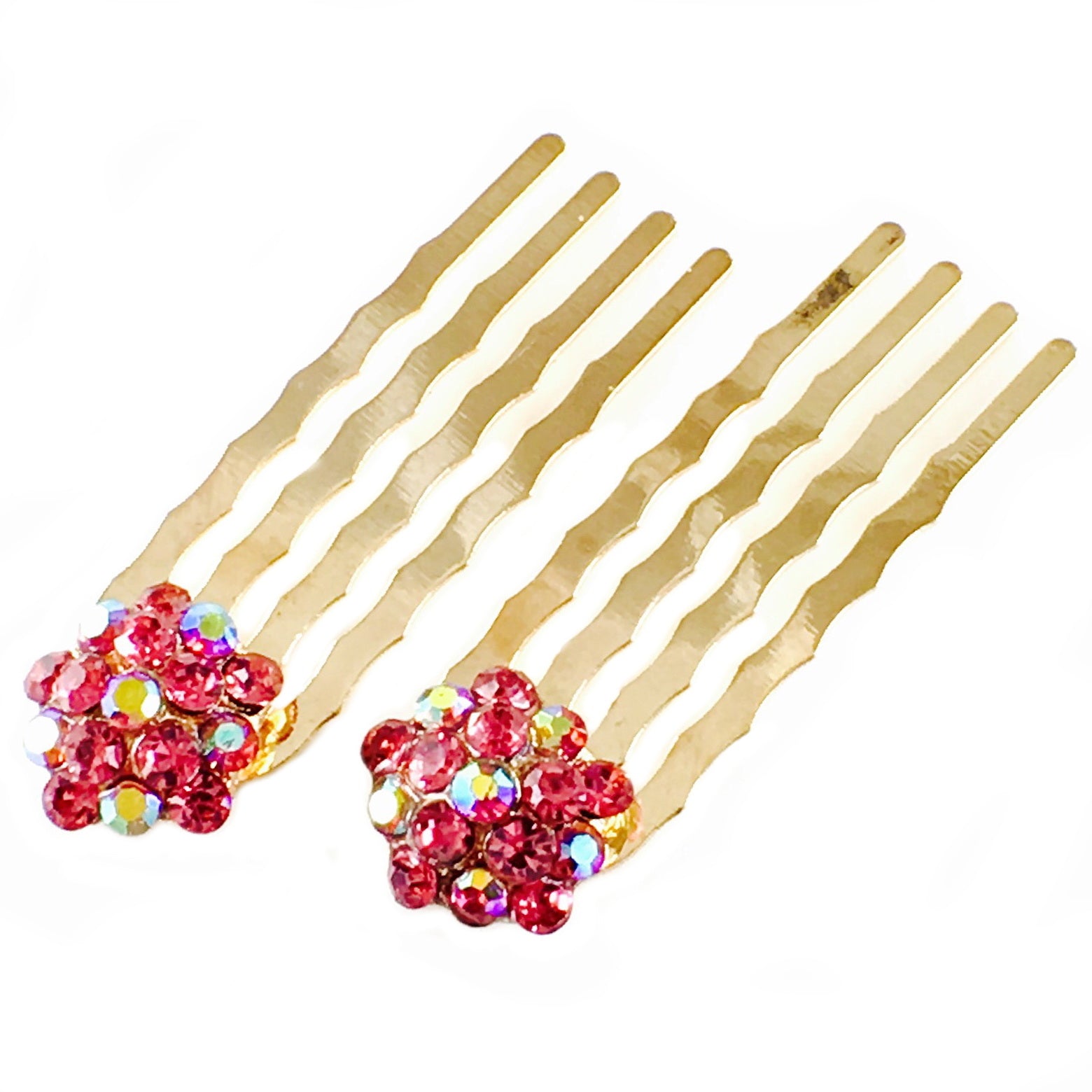 Mini Hair Comb Pair use Swarovski Crystal Gold base Pink, Hair Comb - MOGHANT