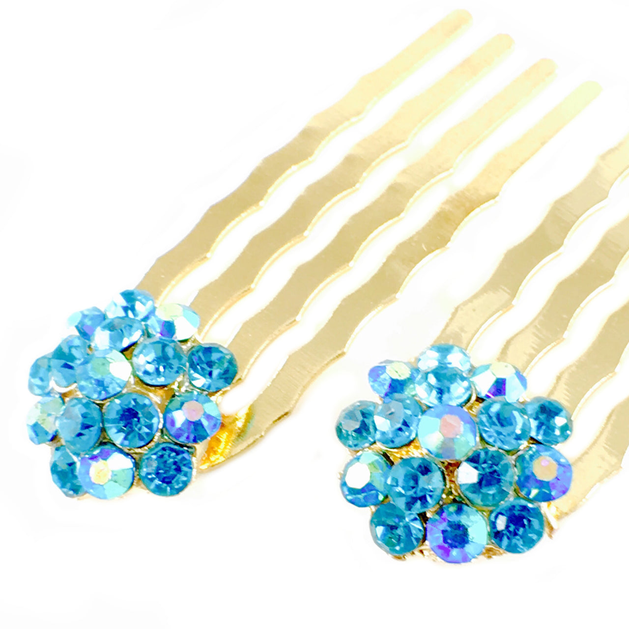 Mini Hair Comb Pair use Swarovski Crystal Gold base Blue, Hair Comb - MOGHANT