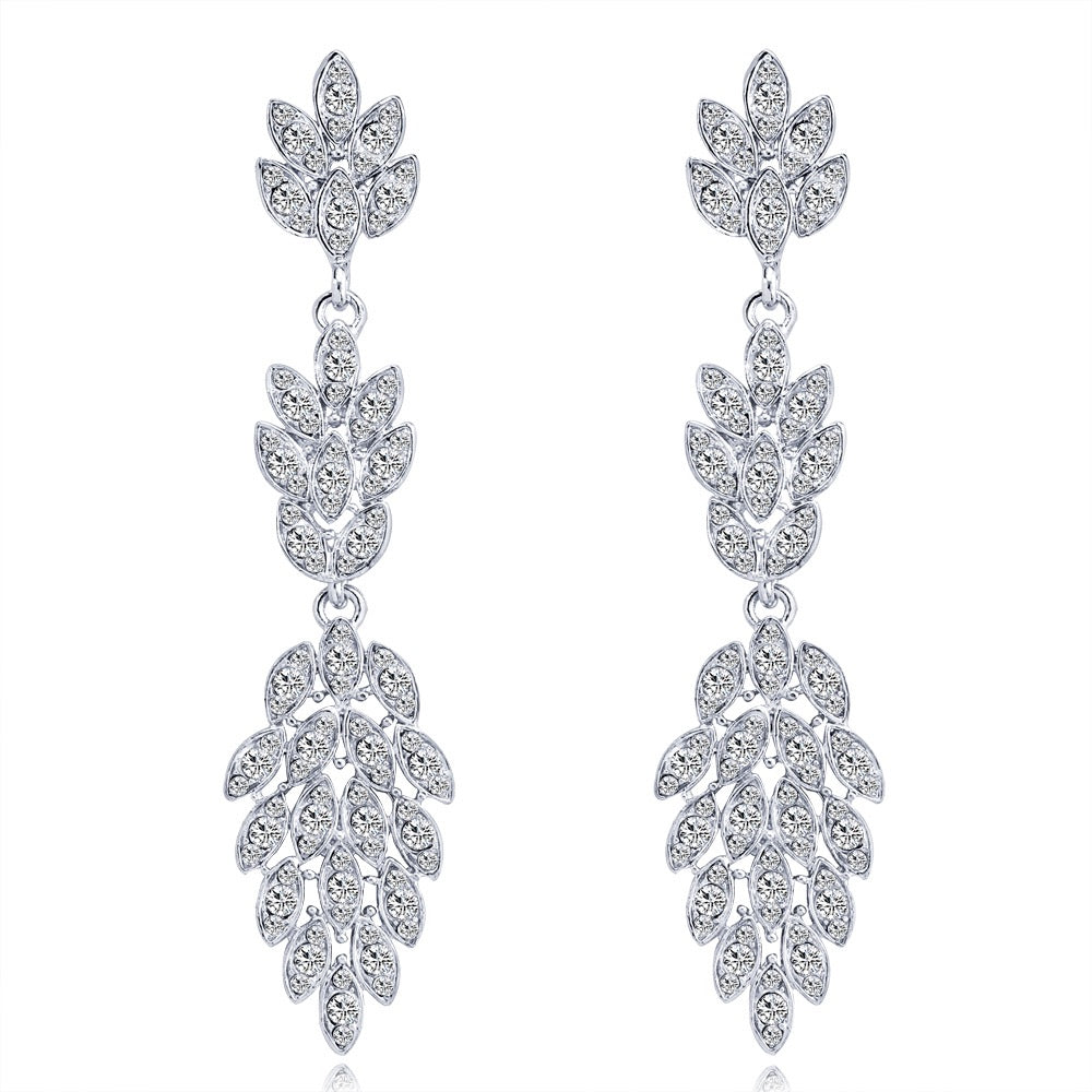 Rhinestone Crystal Drop Dangle Long Earring Wedding Bridal Silver, Dangle/Drop Earring - MOGHANT
