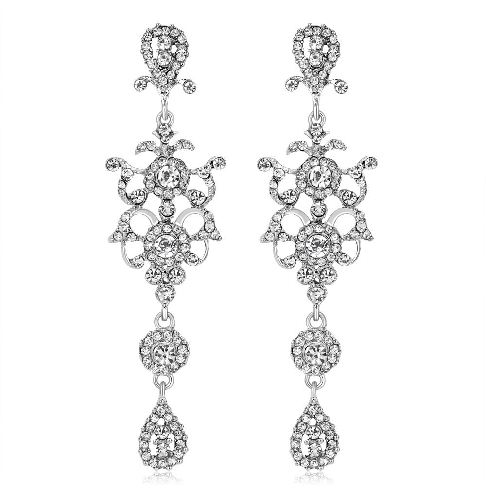 Rhinestone Crystal Drop Dangle Long Earring Wedding Bridal Silver, Dangle/Drop Earring - MOGHANT