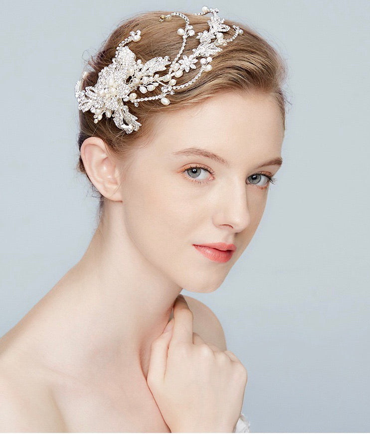Jolene Handmade Wedding Hair Comb Blooming with Austrian Crystals White Pearls, Wedding Hair Comb - MOGHANT