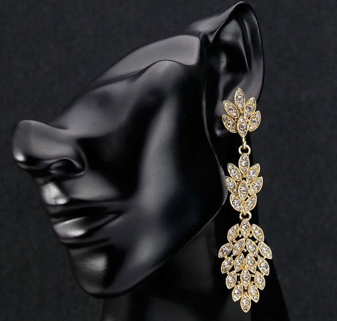 Rhinestone Crystal Drop Dangle Long Earring Wedding Bridal Gold, Dangle/Drop Earring - MOGHANT