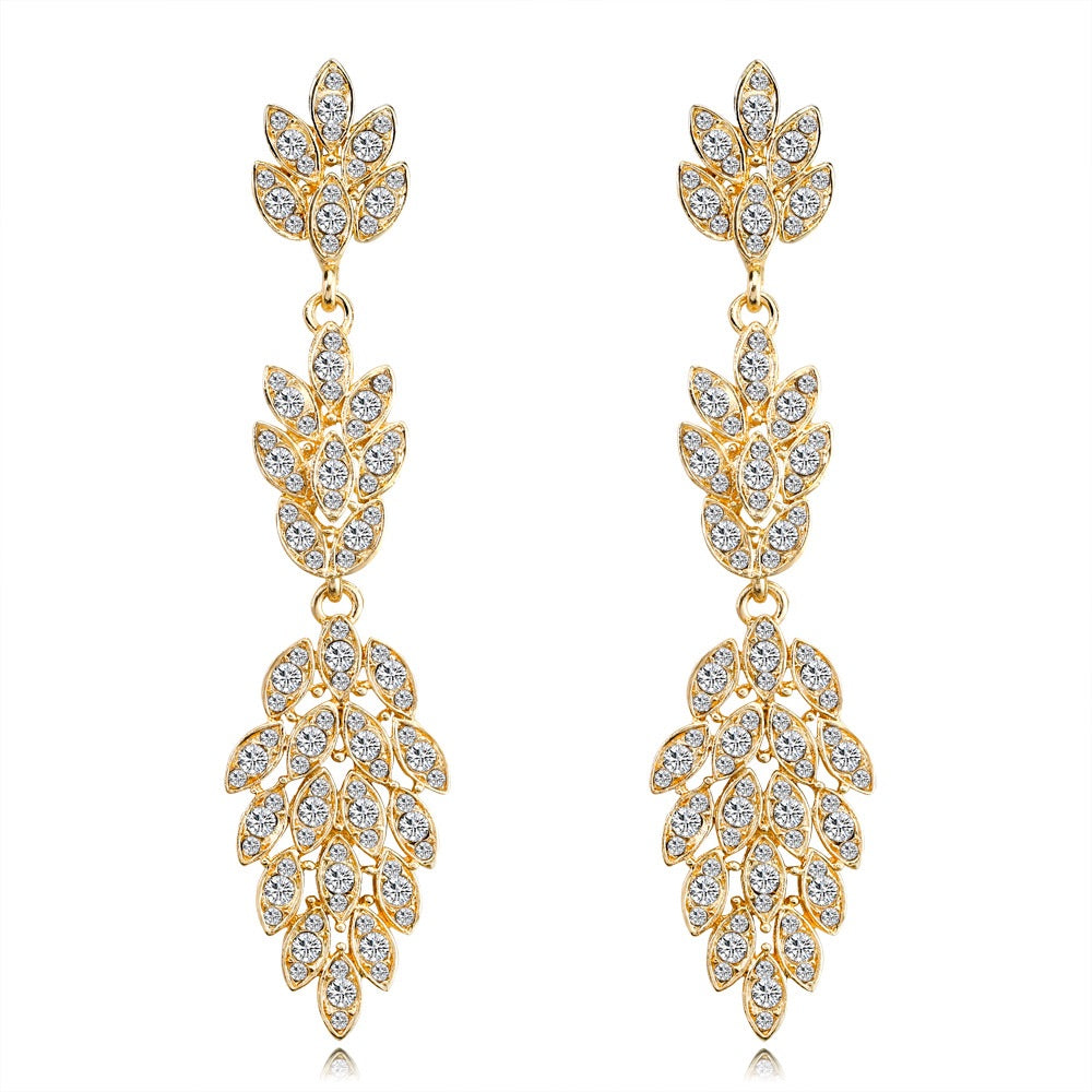 Rhinestone Crystal Drop Dangle Long Earring Wedding Bridal Gold, Dangle/Drop Earring - MOGHANT