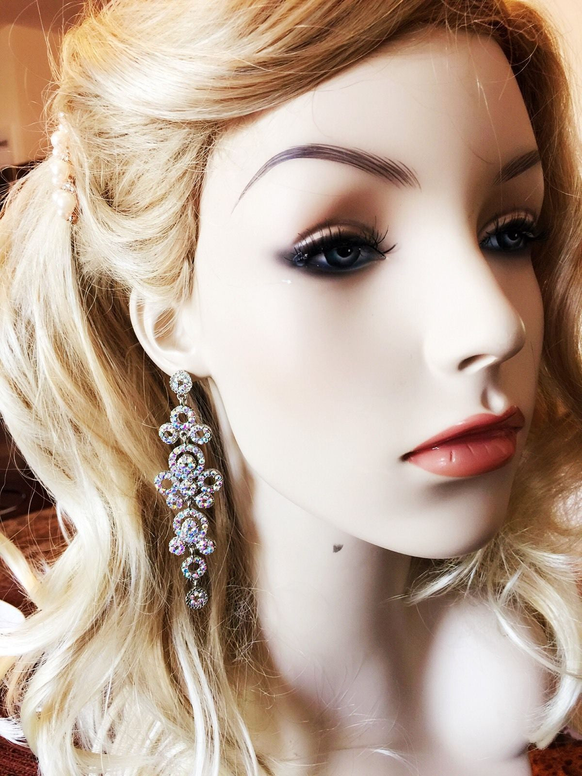 Earring use Swarovski Crystal Dangle Drop Wedding Bridal Rhodium AB Silver Flower, Dangle/Drop Earring - MOGHANT