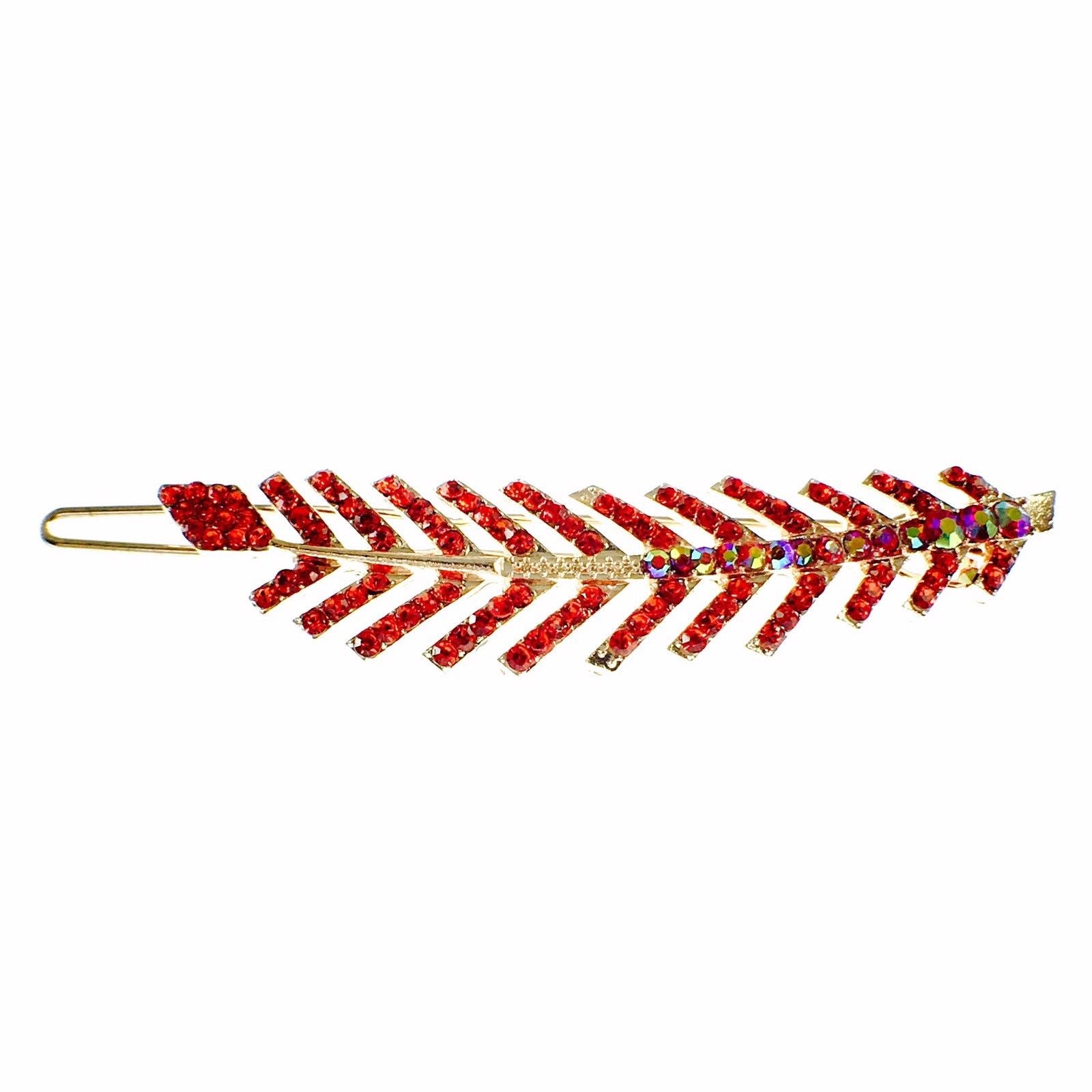 Fern Leaf Hair Clip Rhinestone Crystal gold base Red, Hair Clip - MOGHANT