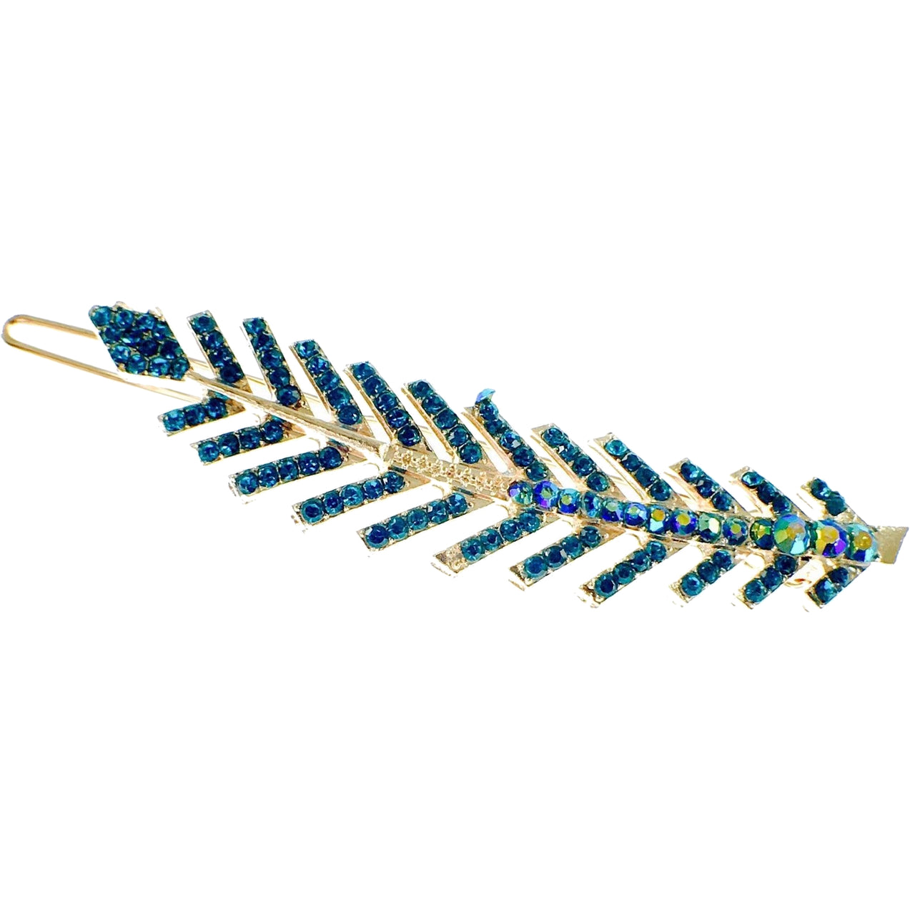 Fern Leaf Hair Clip Rhinestone Crystal gold base Blue Tourmaline Indicolite, Hair Clip - MOGHANT