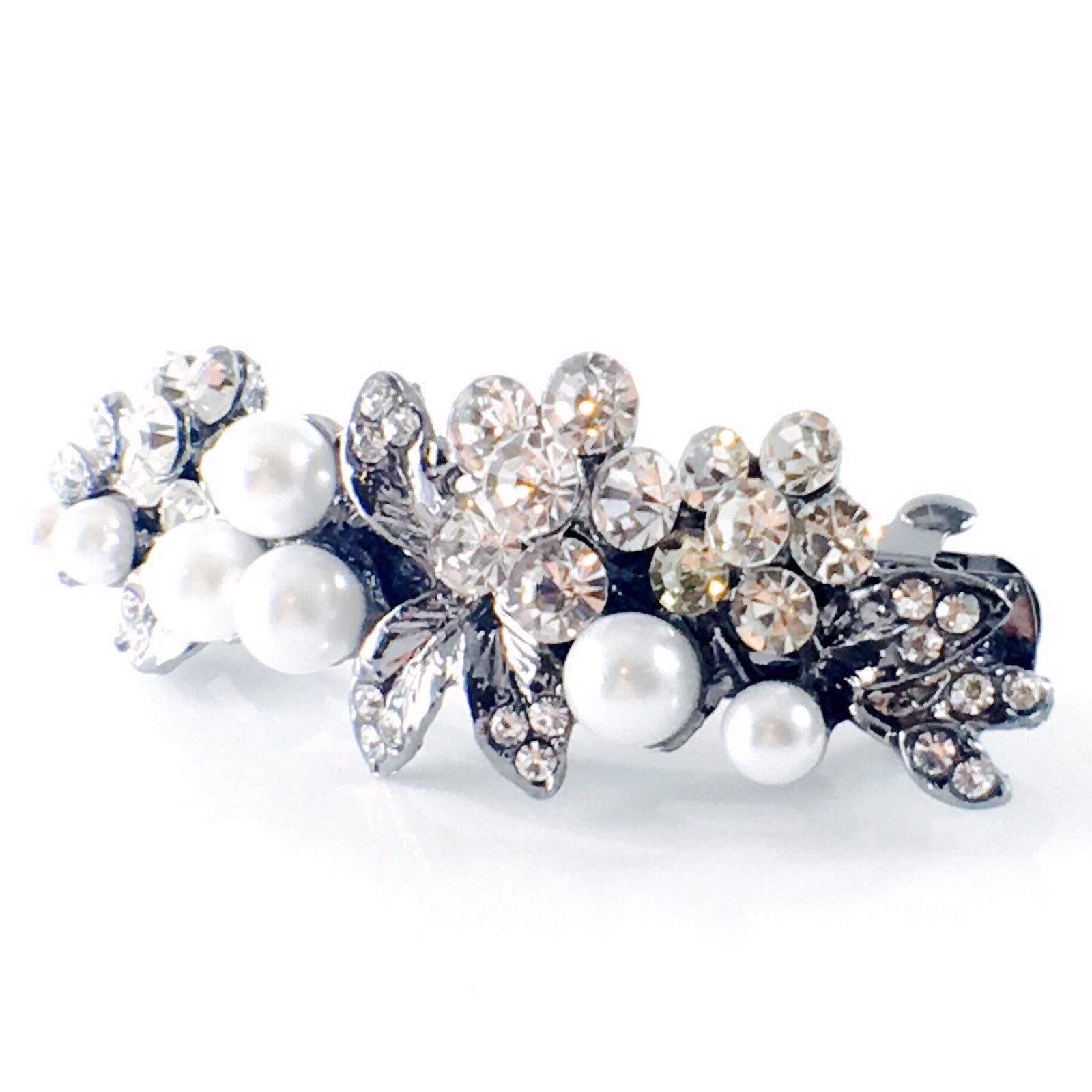 Lush Flowers Barrette Rhinestone Crystal Vintage silver base white pearls Clear, Barrette - MOGHANT