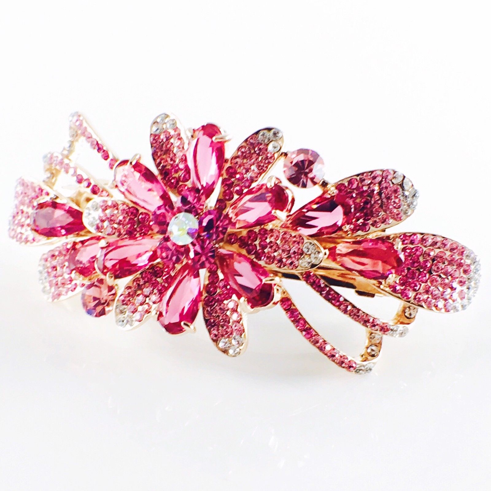 Flower Barrette Handmade use Swarovski Crystal gold base Pink, Barrette - MOGHANT