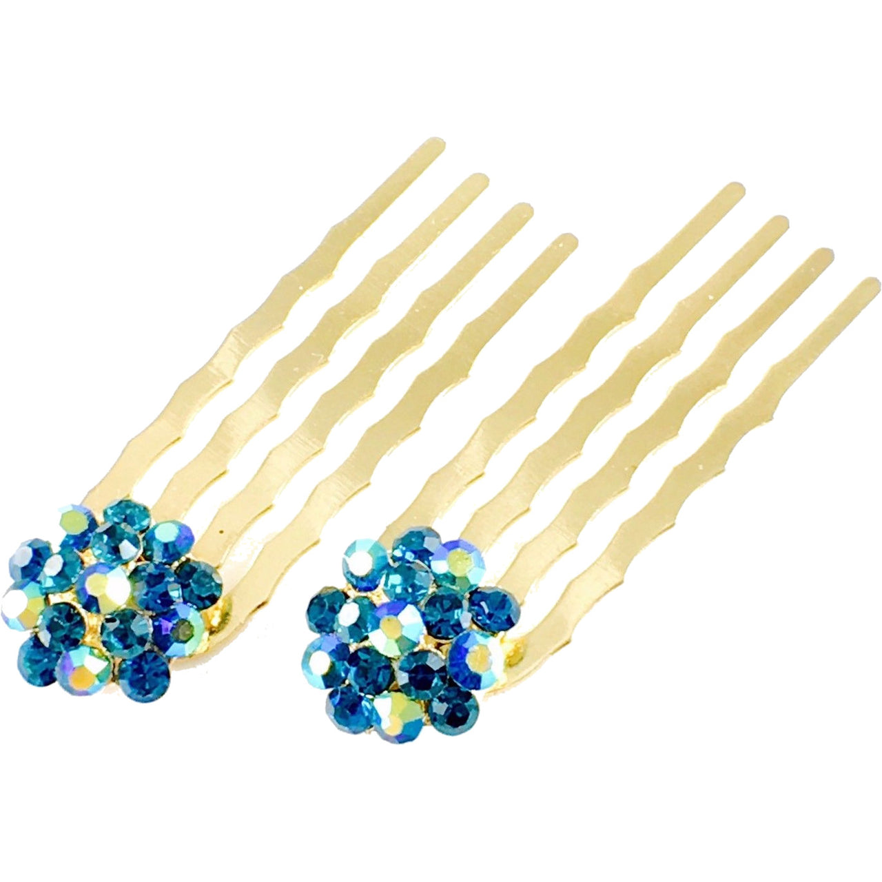 Mini Hair Comb Pair use Swarovski Crystal Gold base Zircon Deep Blue, Hair Comb - MOGHANT