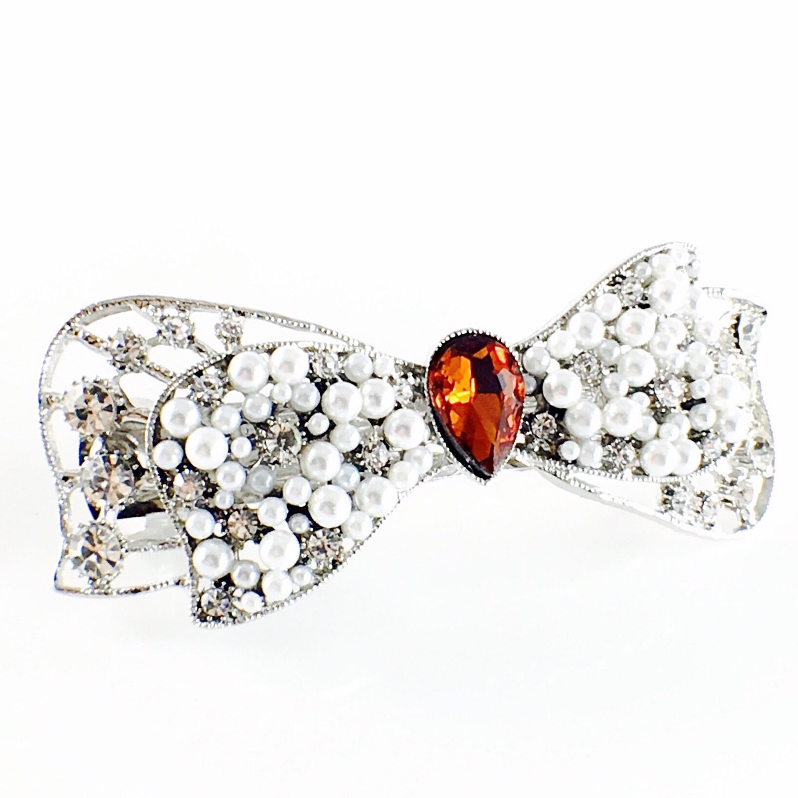 Bow Knot Barrette Rhinestone Crystal silver base white pearls Clear Brown, Barrette - MOGHANT