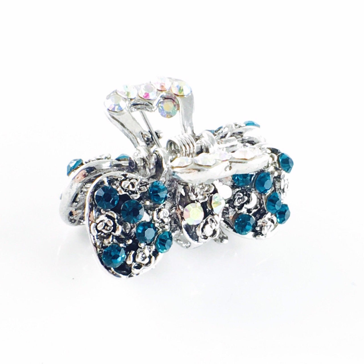 Roses Bow Knot Hair Claw Jaw Clip use Rhinestone Crystal Silver base Blue Zircon, Hair Claw - MOGHANT