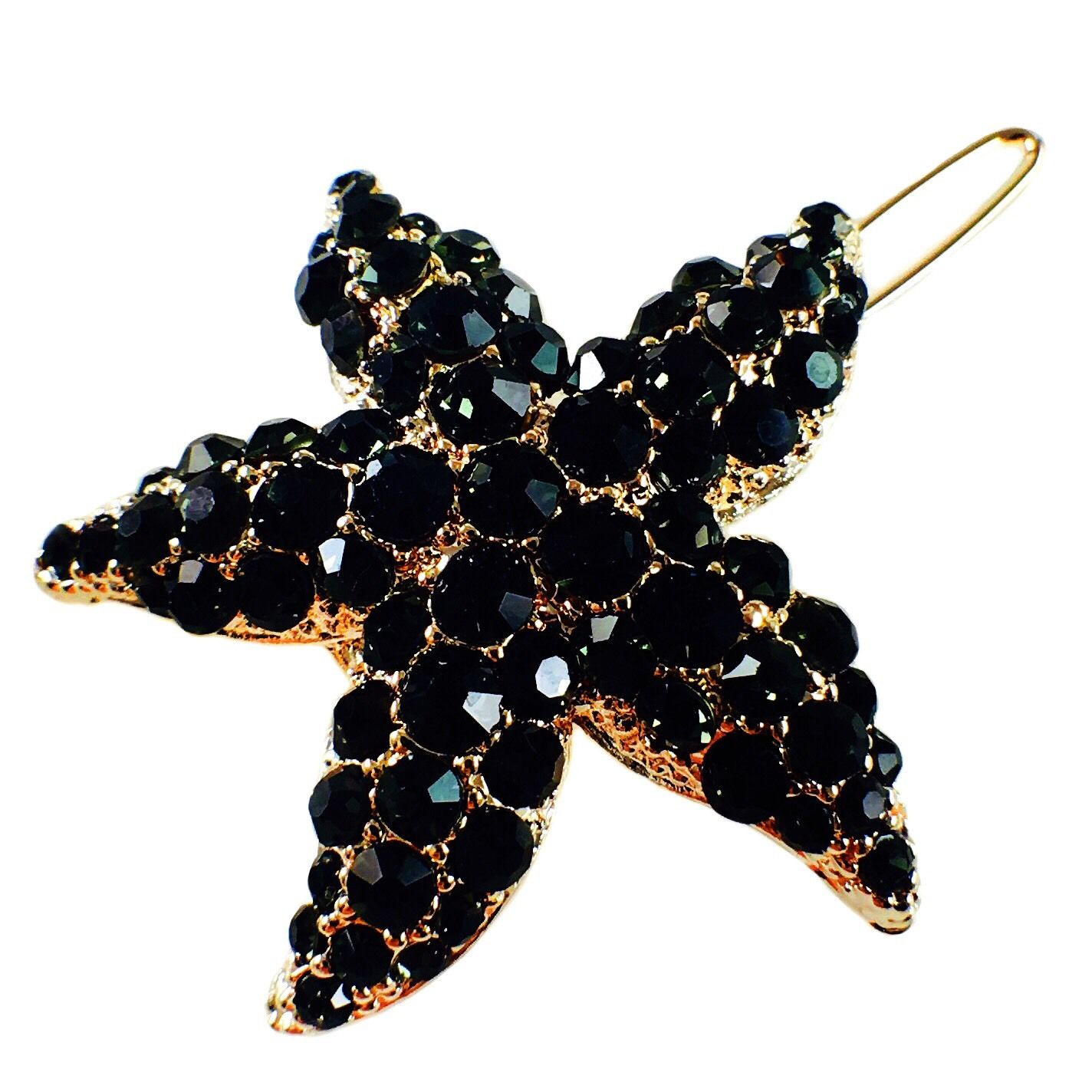 Starfish Hair Clip Sea Star use Swarovski Crystal gold base Black, Hair Clip - MOGHANT